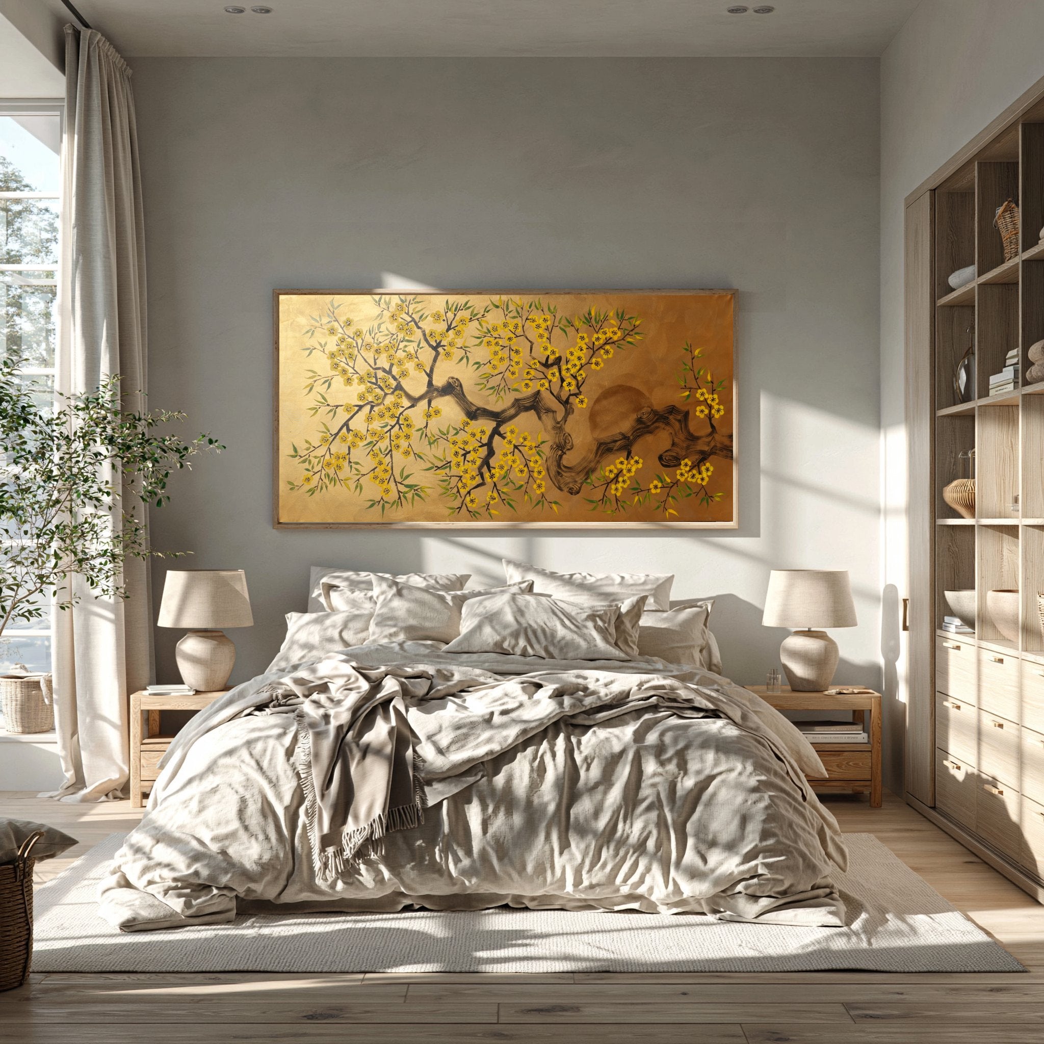 Cherry blossoms J499 — gold Japanese Painting | Large Acrylic on Canvas | Ksavera