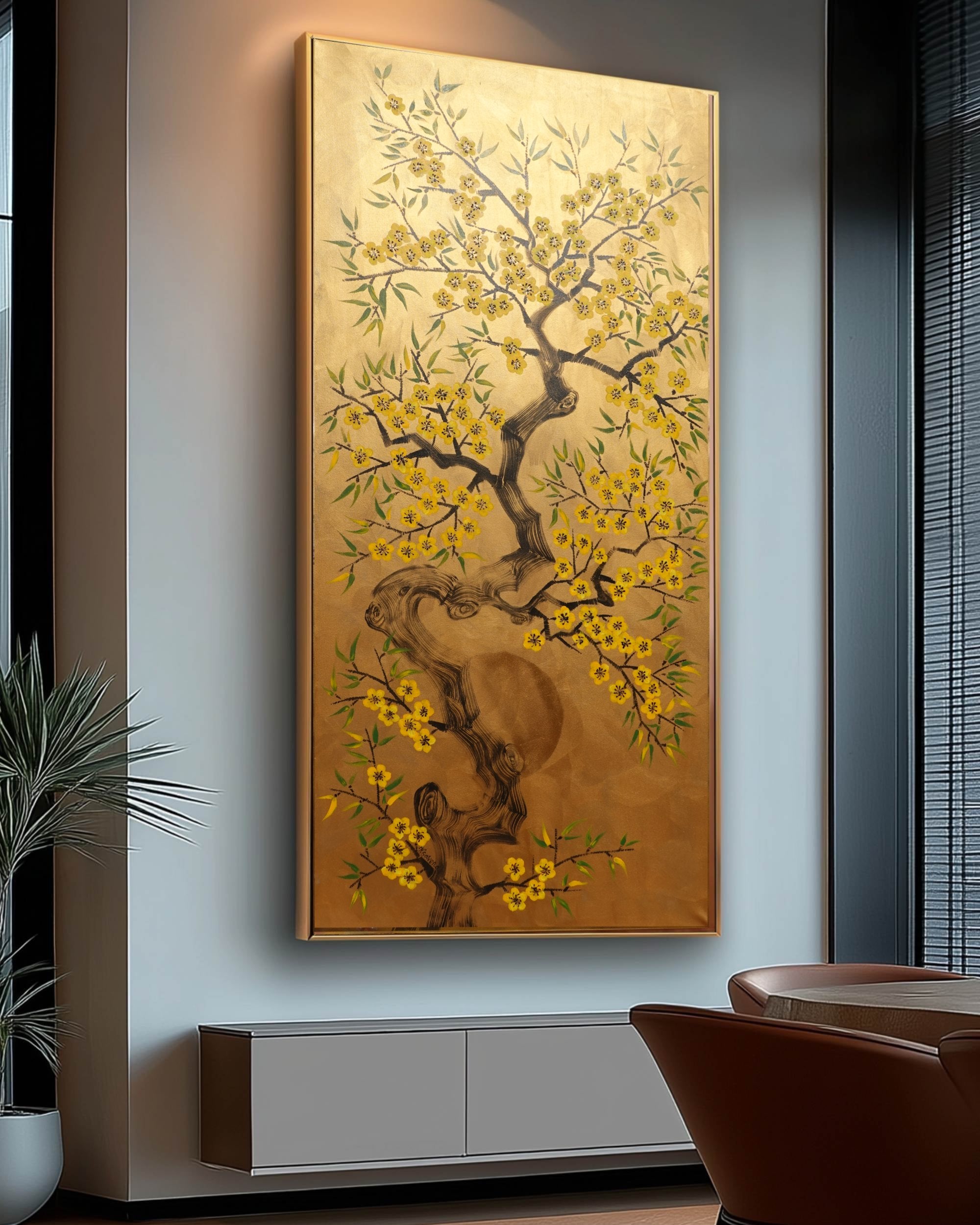 Cherry blossoms J499 — gold Japanese Painting | Large Acrylic on Canvas | Ksavera