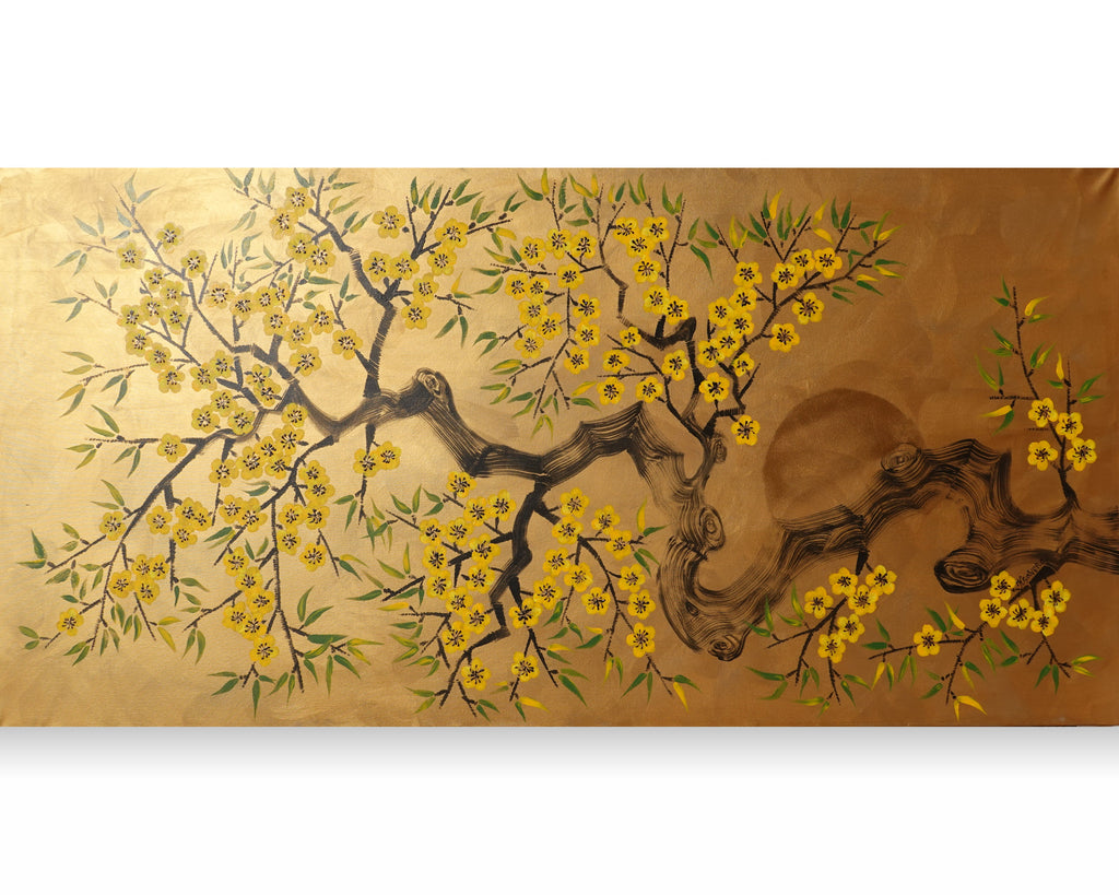 Cherry blossoms J499 — gold Japanese Painting | Large Acrylic on Canvas | Ksavera