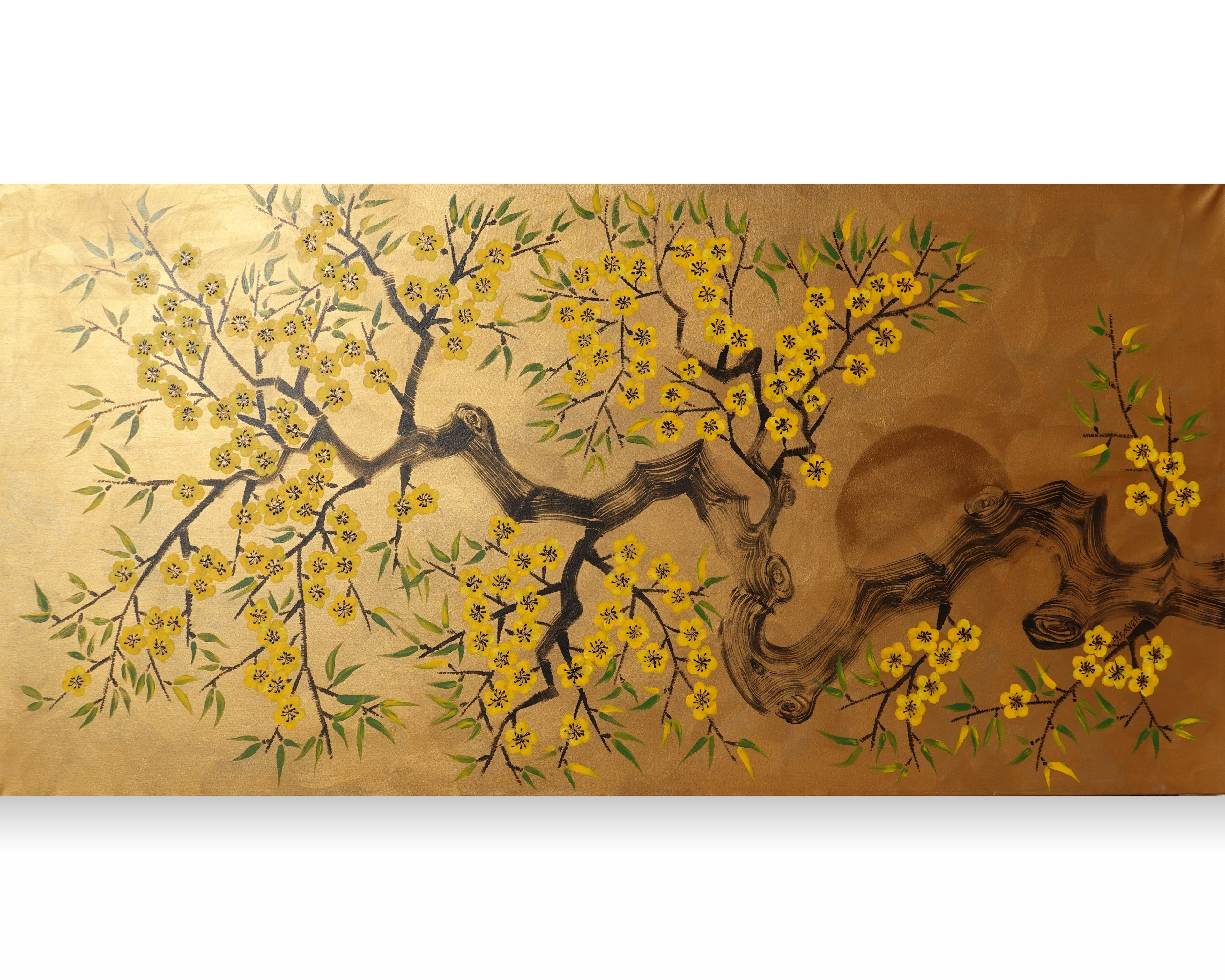 Cherry blossoms J499 — gold Japanese Painting | Large Acrylic on Canvas | Ksavera