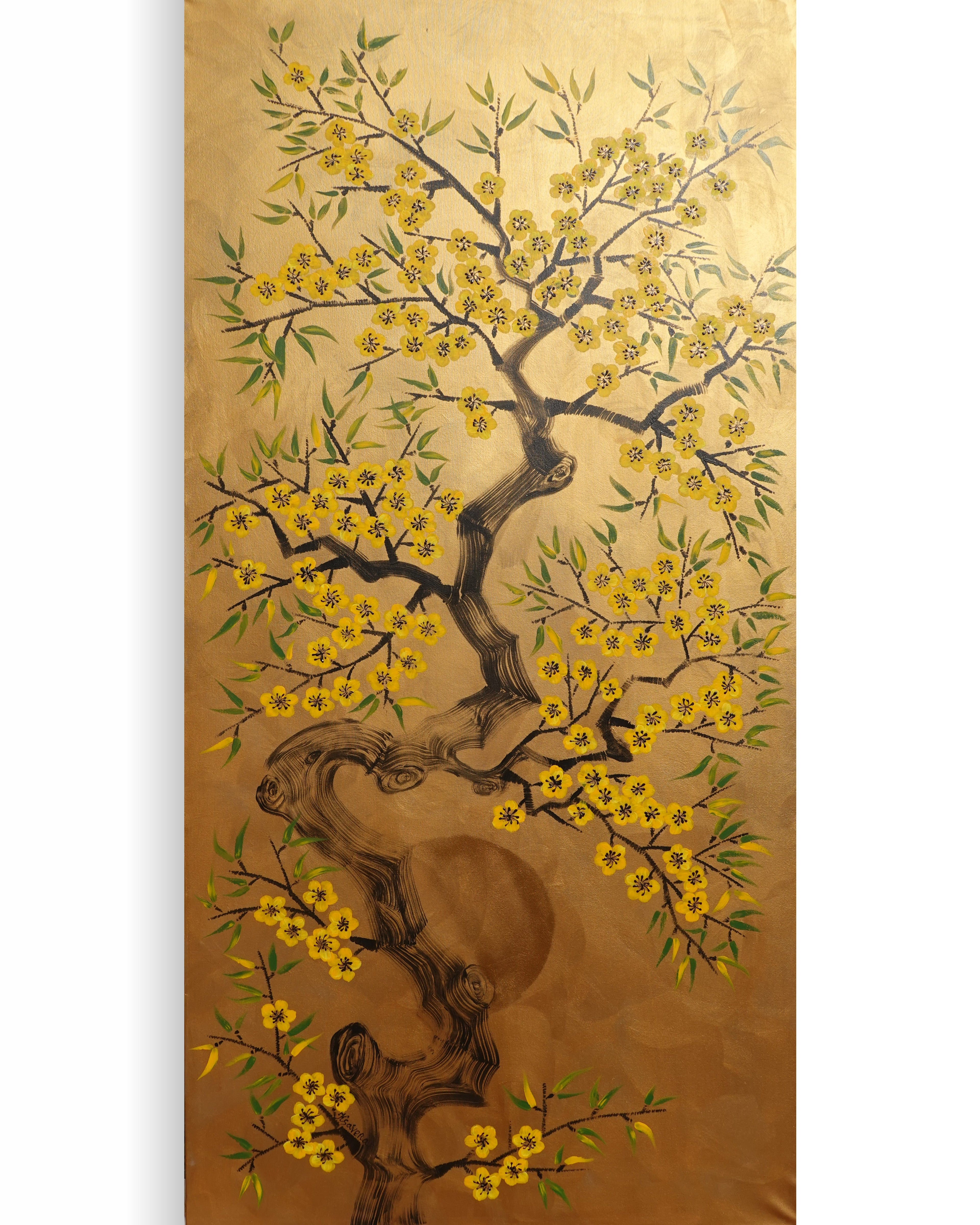 Cherry blossoms J499 — gold Japanese Painting | Large Acrylic on Canvas | Ksavera