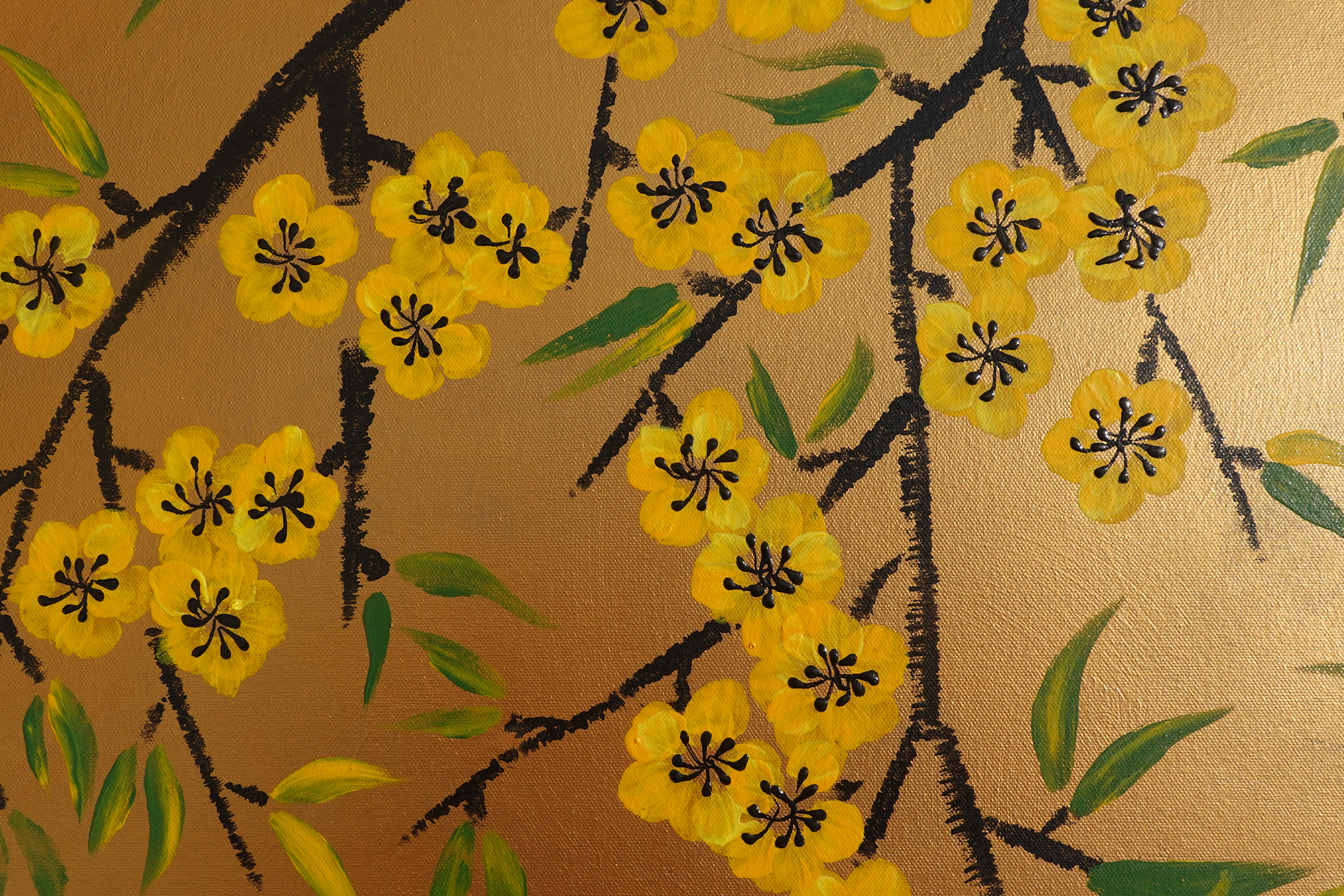 Cherry blossoms J499 — gold Japanese Painting | Large Acrylic on Canvas | Ksavera