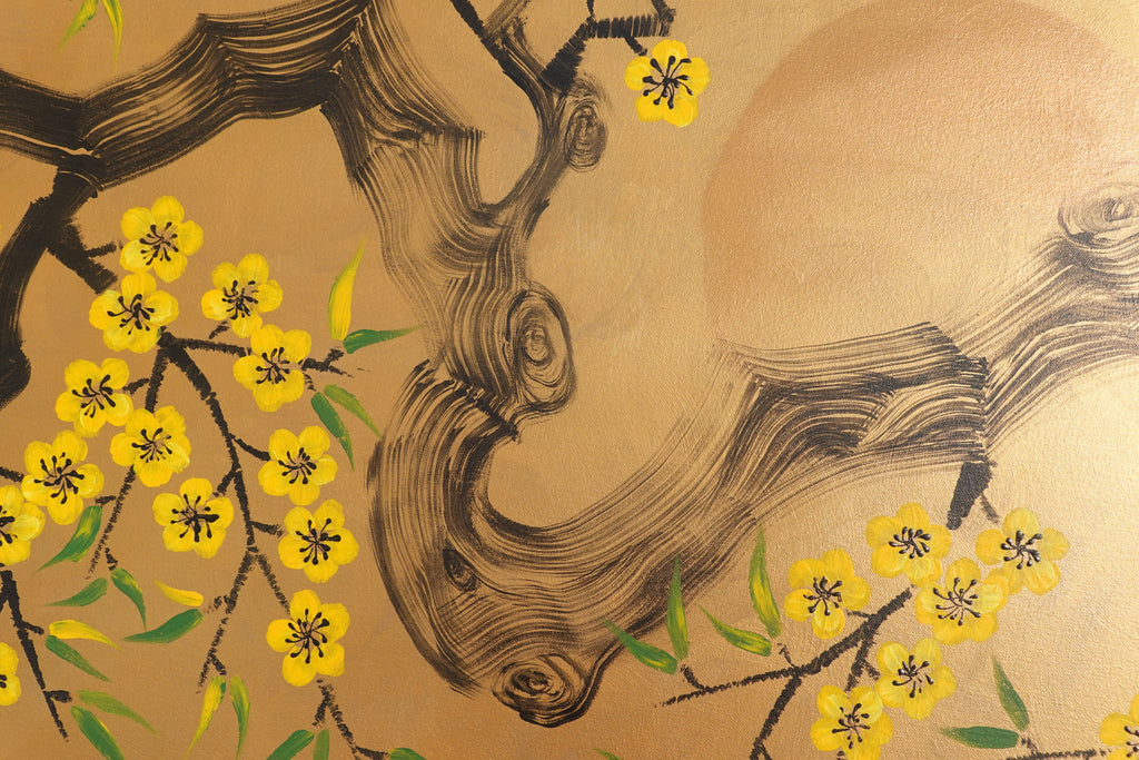 Cherry blossoms J499 — gold Japanese Painting | Large Acrylic on Canvas | Ksavera