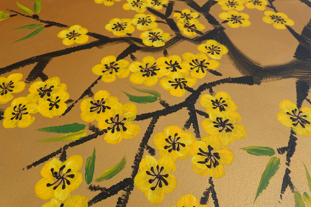 Cherry blossoms J499 — gold Japanese Painting | Large Acrylic on Canvas | Ksavera