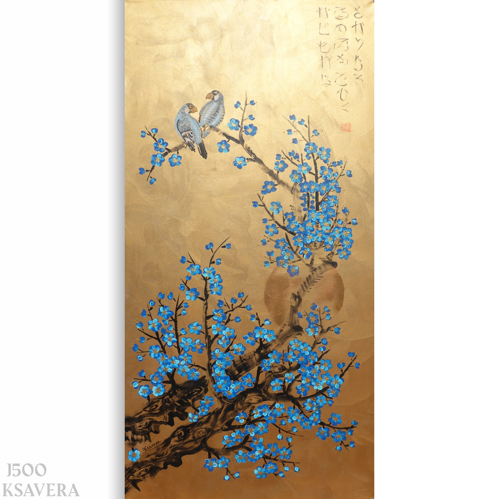 The image is a painting of two birds perched on a branch with blue flowers. The background is a golden color, which contrasts with the blue flowers and the birds. The painting is a traditional Japanese style, featuring intricate details and a harmonious color palette.
