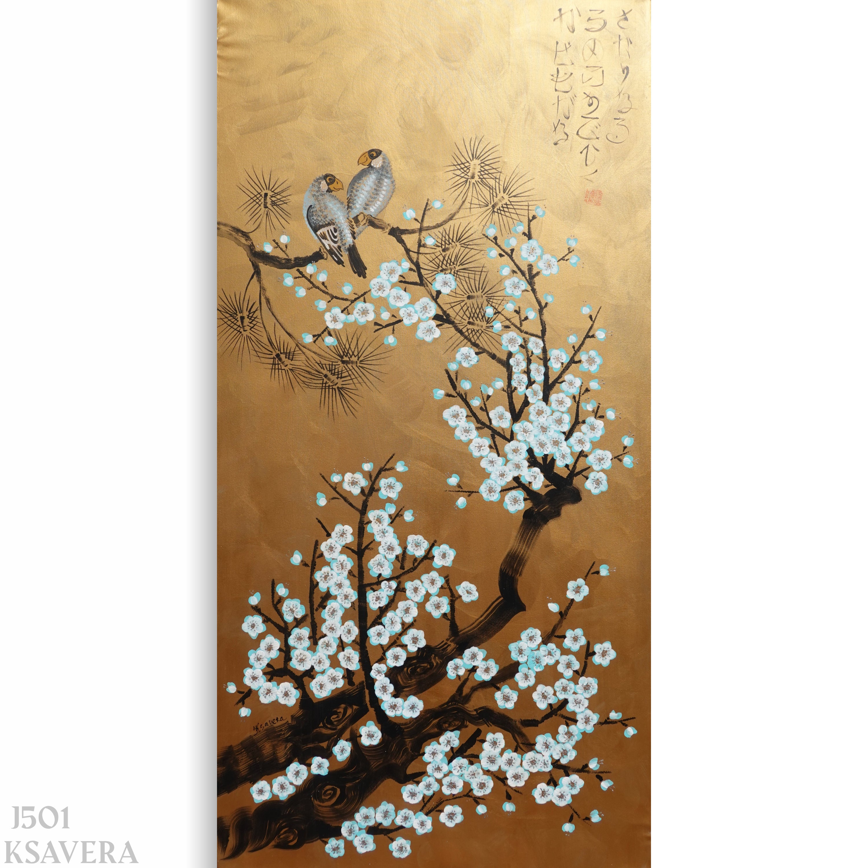 The image is a painting of two birds perched on a branch with white flowers. The background is a golden color