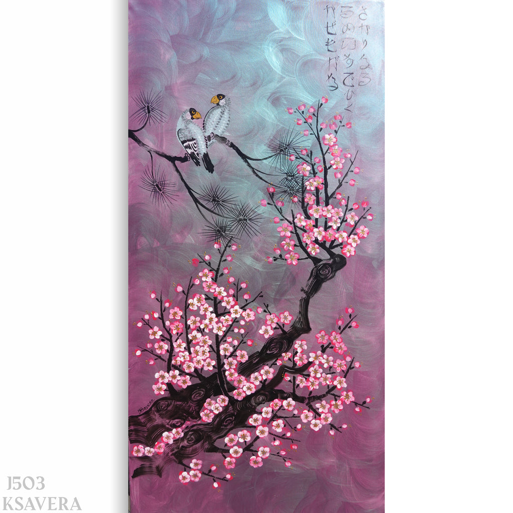 wo birds perched on a branch with pink flowers, set against a purple and blue background.