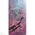 wo birds perched on a branch with pink flowers, set against a purple and blue background.