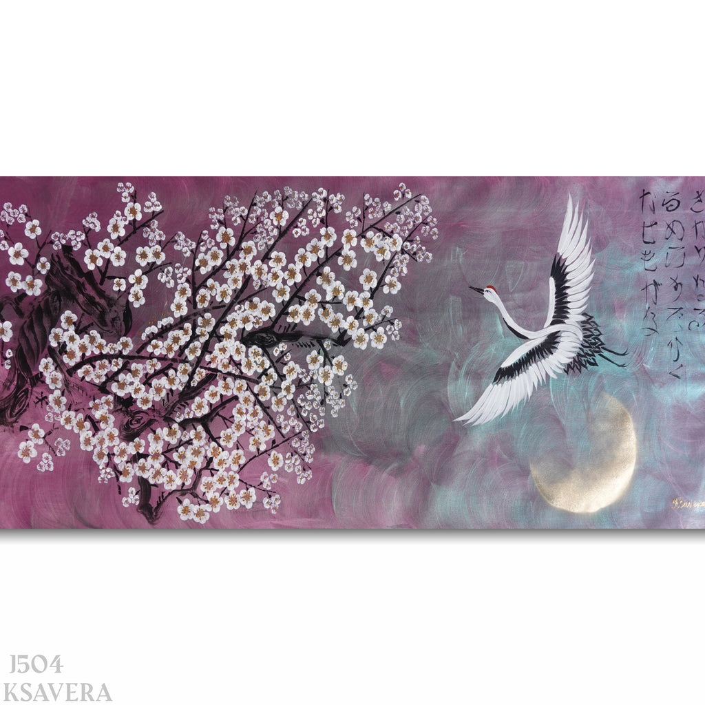 The image is a painting depicting a white crane flying over a tree with white flowers against a purple background.