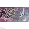 The image is a painting depicting a white crane flying over a tree with white flowers against a purple background.