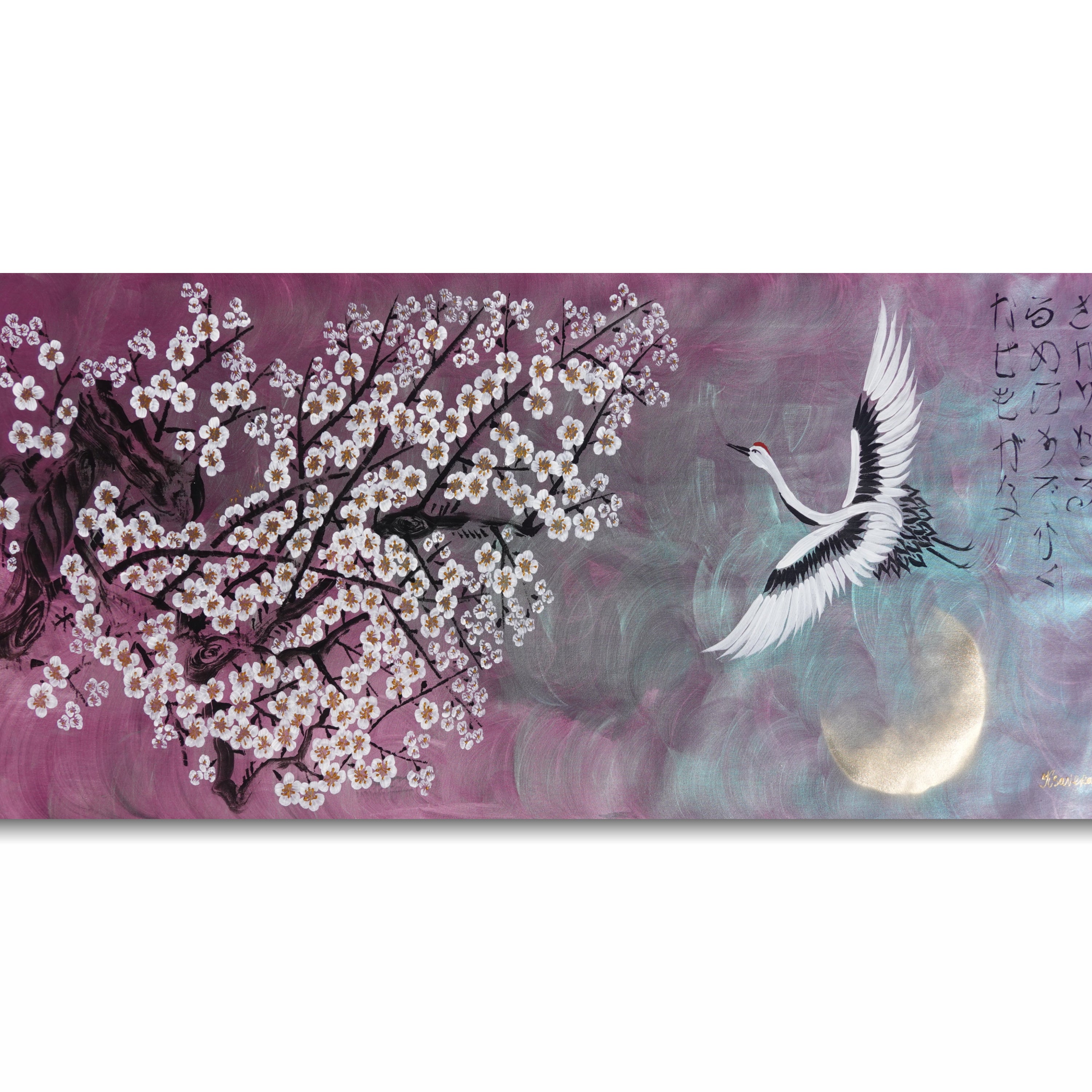 The image is a painting depicting a white crane flying over a tree with white flowers against a purple background.