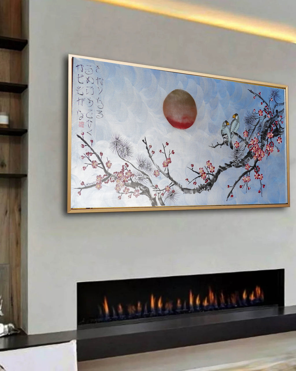 Love Birds and Sakura J505 — pearl blue Japanese Painting | Large Acrylic on Canvas | Ksavera
