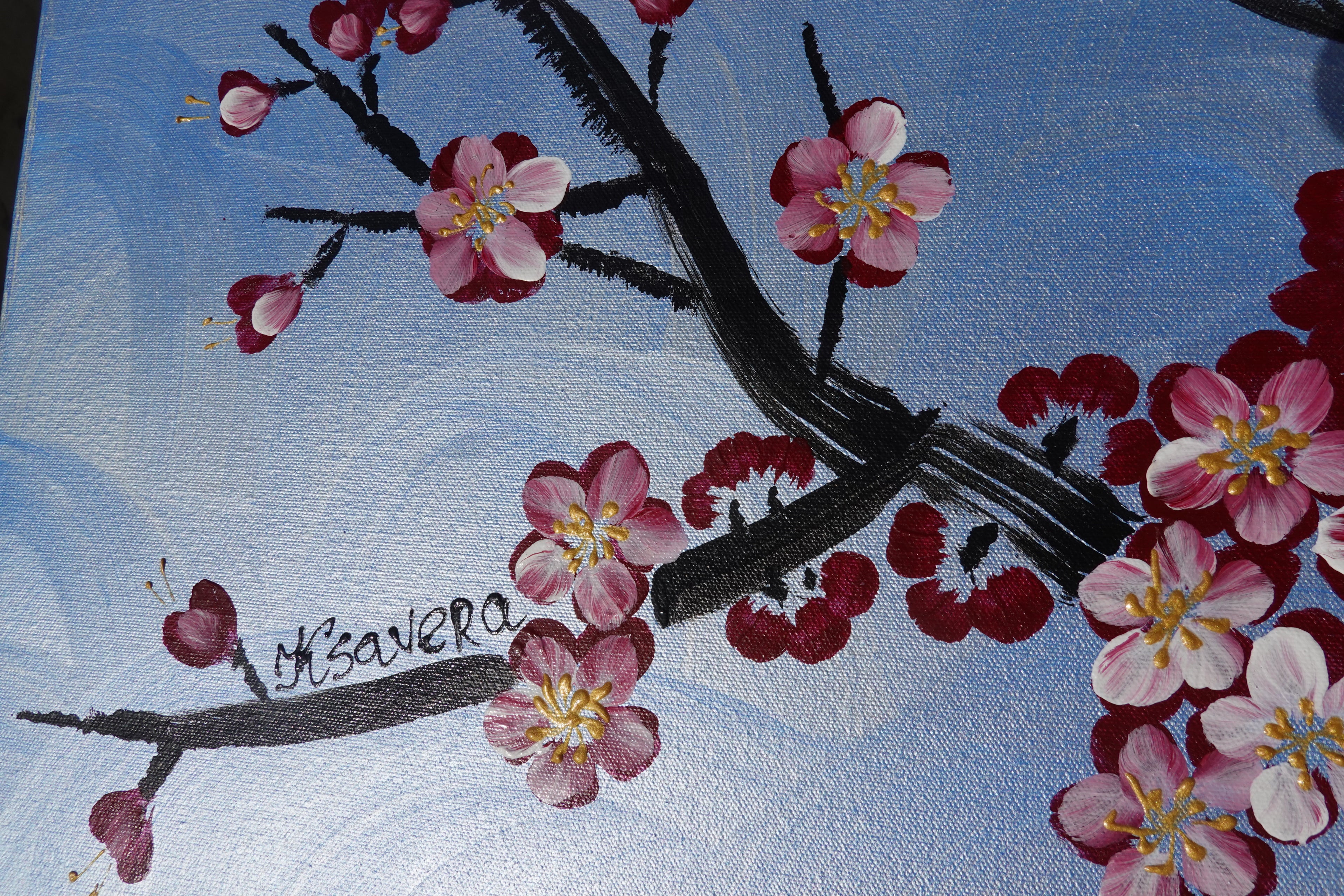 Love Birds and Sakura J505 — pearl blue Japanese Painting | Large Acrylic on Canvas | Ksavera