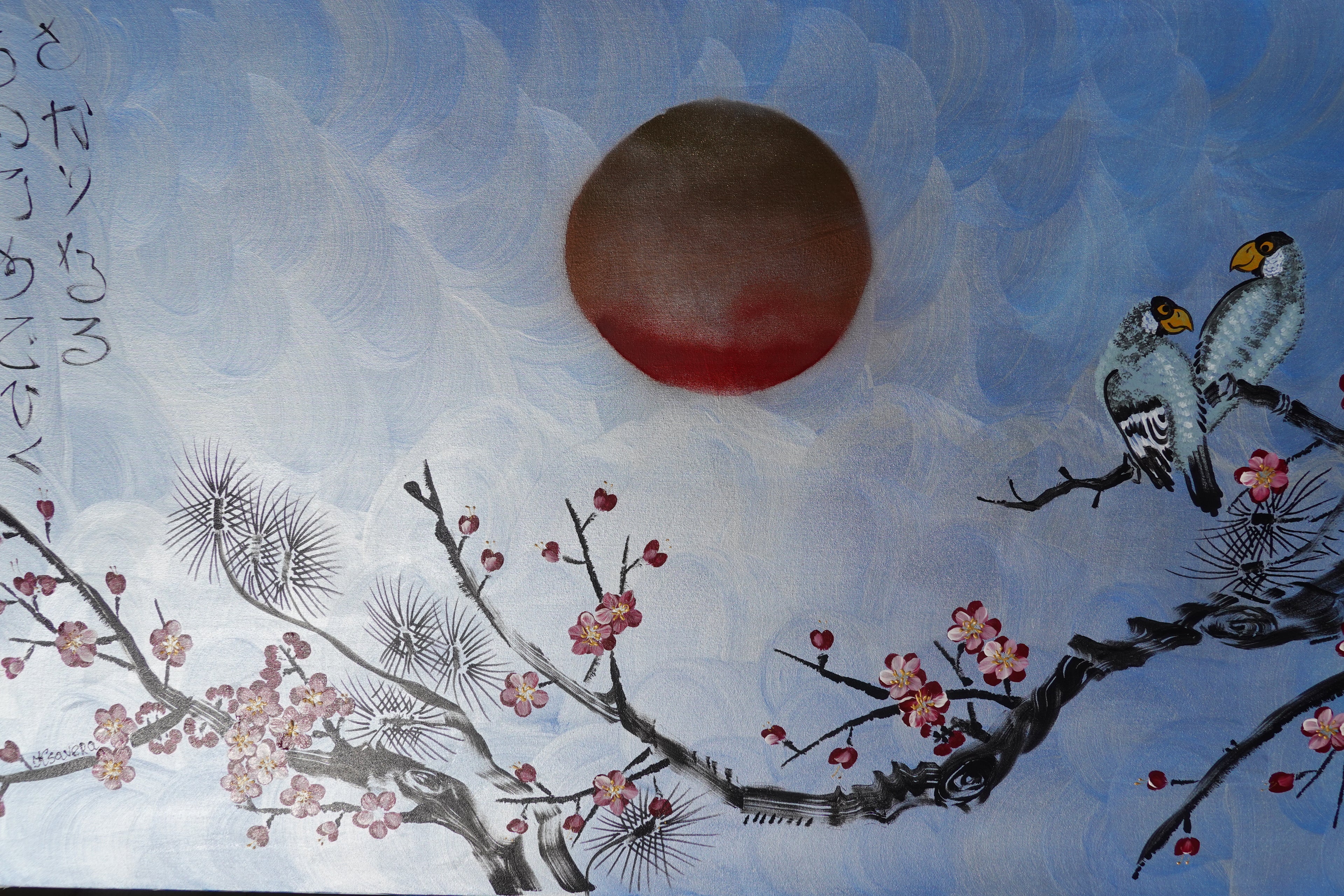 Love Birds and Sakura J505 — pearl blue Japanese Painting | Large Acrylic on Canvas | Ksavera