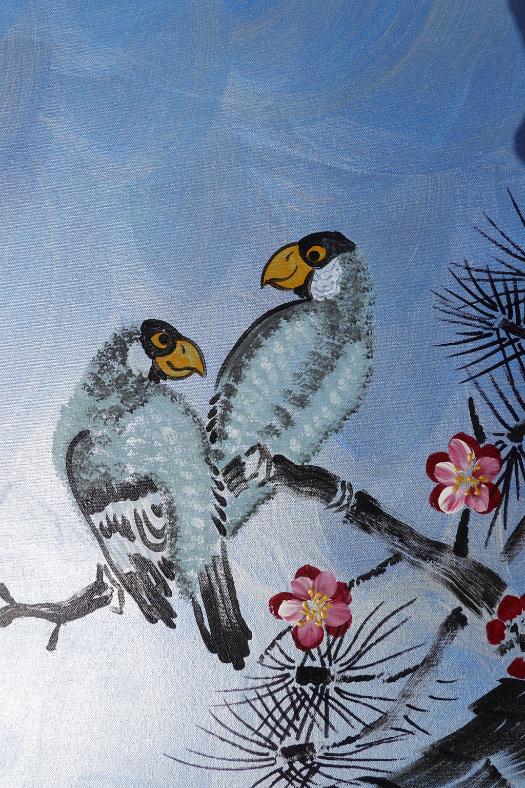 Love Birds and Sakura J505 — pearl blue Japanese Painting | Large Acrylic on Canvas | Ksavera