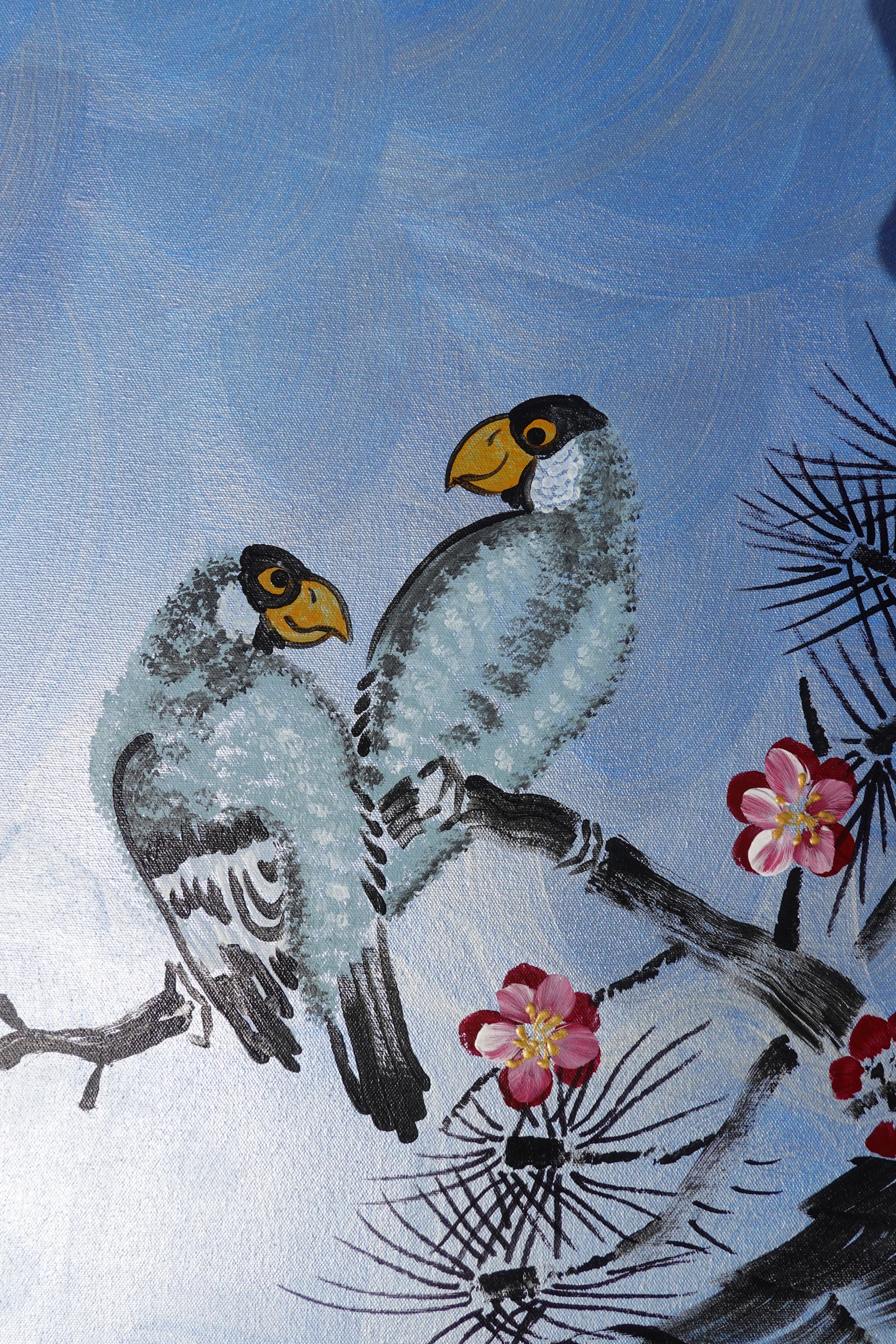 Love Birds and Sakura J505 — pearl blue Japanese Painting | Large Acrylic on Canvas | Ksavera