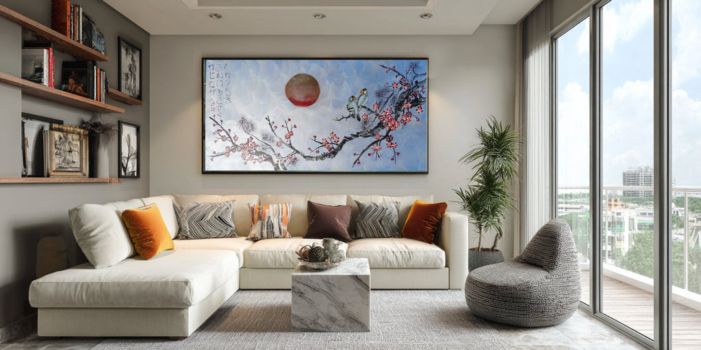 Love Birds and Sakura J505 — pearl blue Japanese Painting | Large Acrylic on Canvas | Ksavera