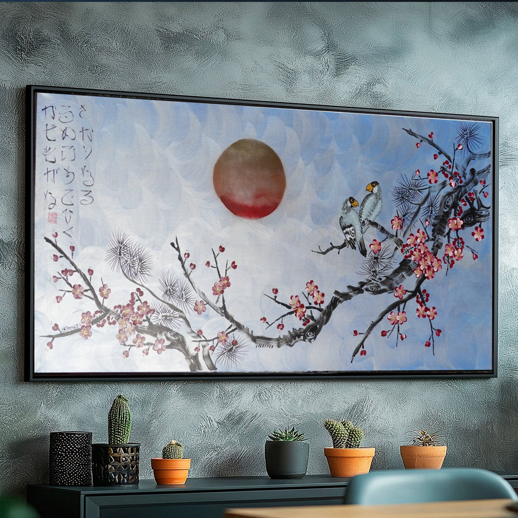 Love Birds and Sakura J505 — pearl blue Japanese Painting | Large Acrylic on Canvas | Ksavera