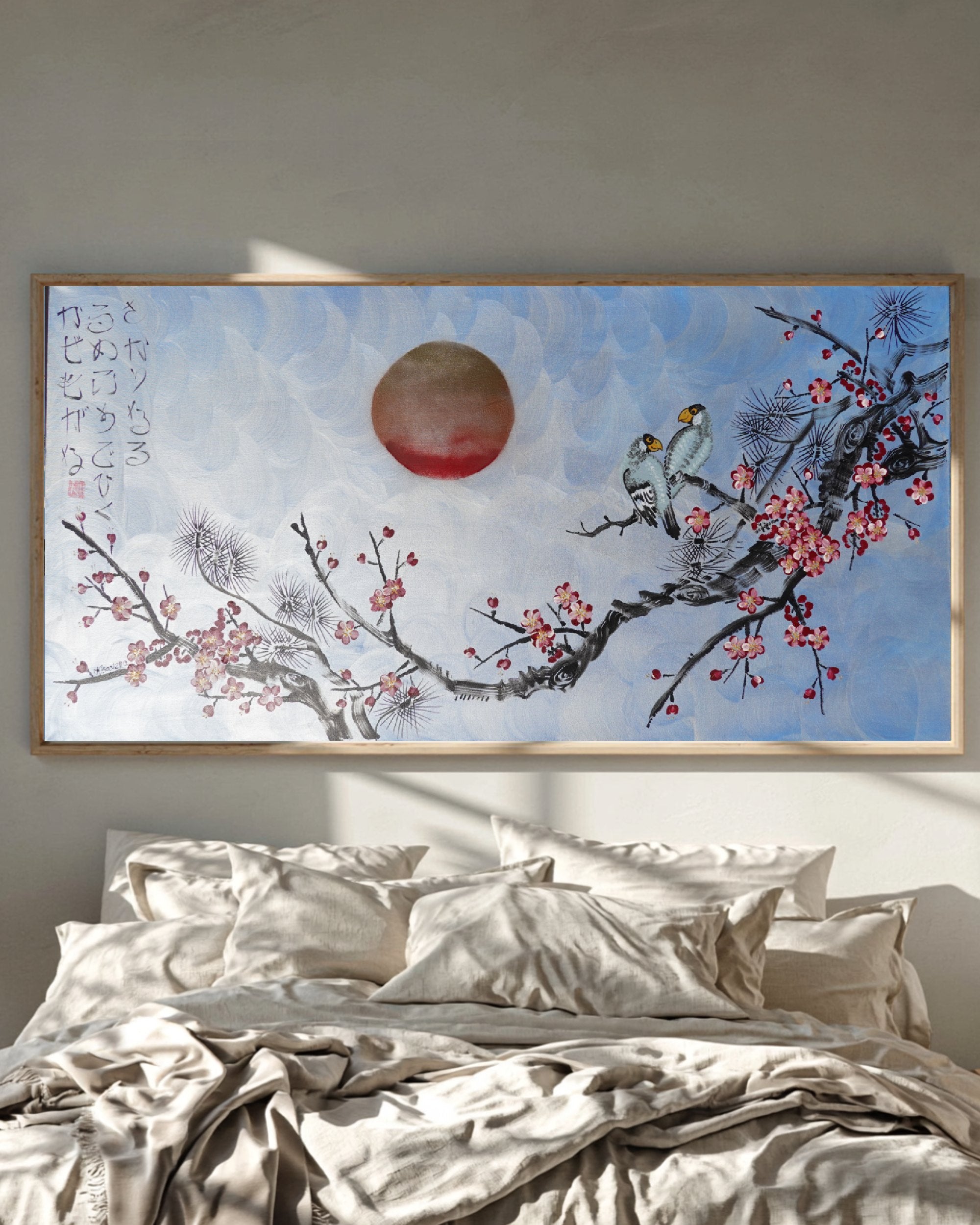 Love Birds and Sakura J505 — pearl blue Japanese Painting | Large Acrylic on Canvas | Ksavera