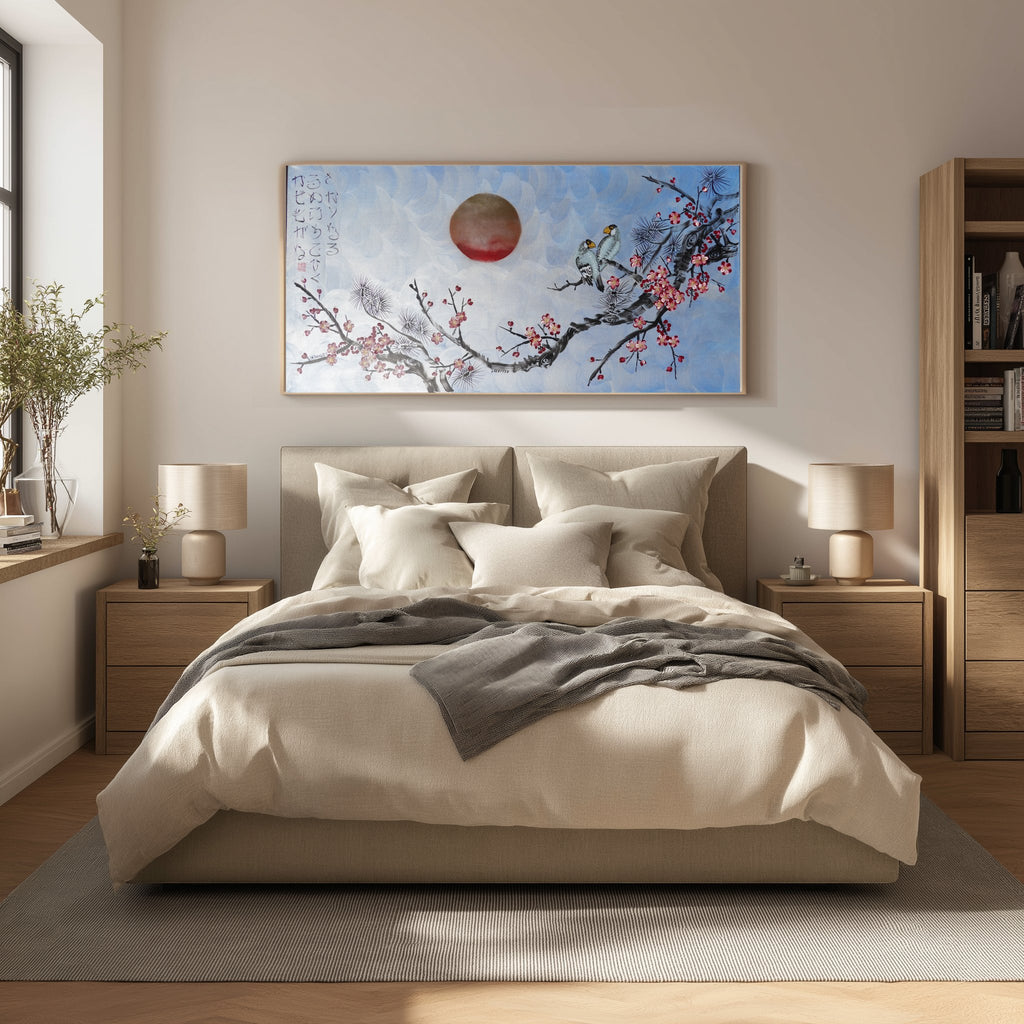 Love Birds and Sakura J505 — pearl blue Japanese Painting | Large Acrylic on Canvas | Ksavera