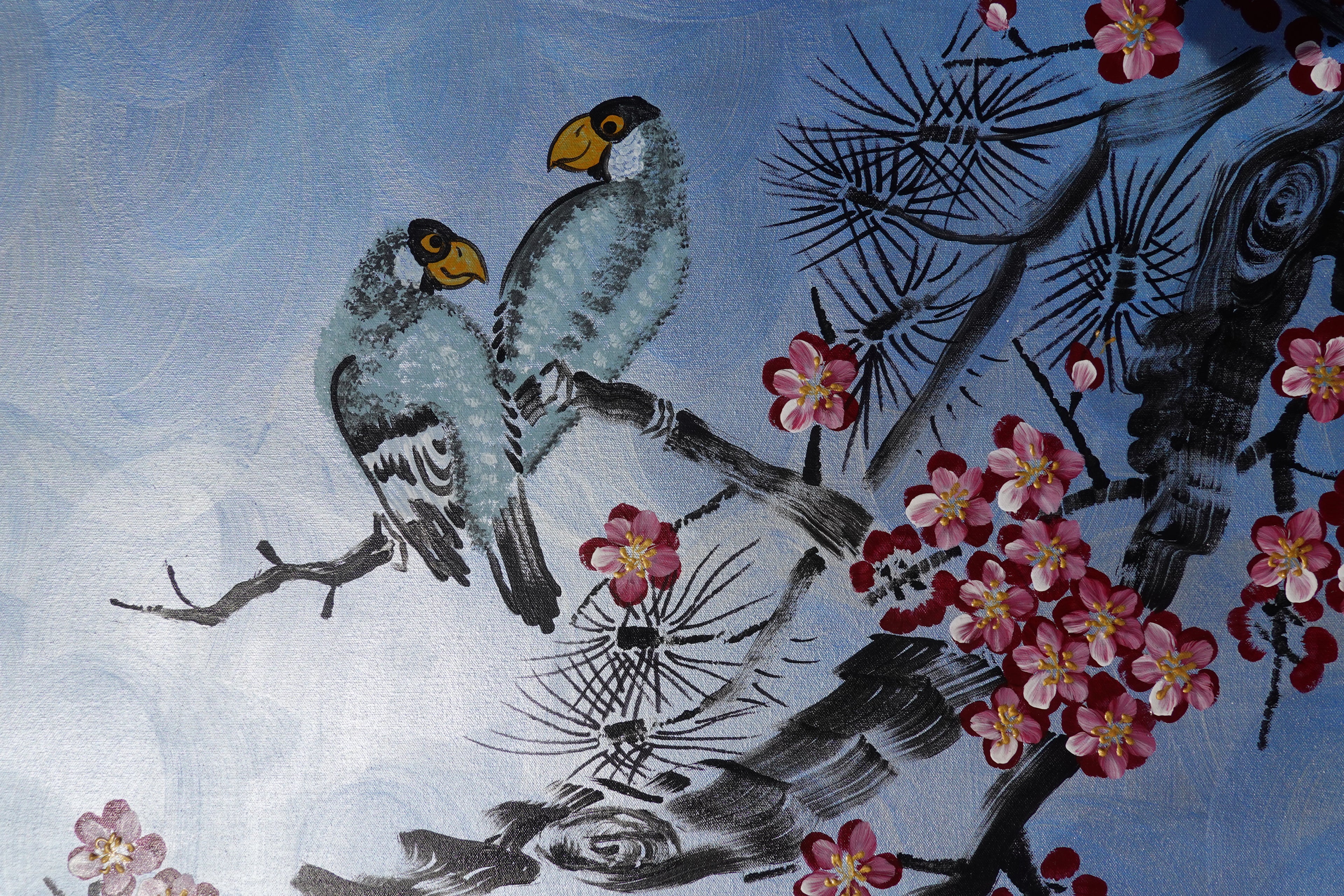 Love Birds and Sakura J505 — pearl blue Japanese Painting | Large Acrylic on Canvas | Ksavera