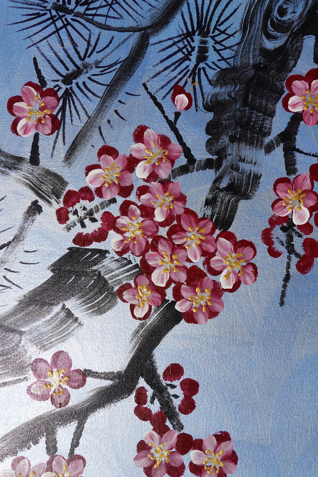 Love Birds and Sakura J505 — pearl blue Japanese Painting | Large Acrylic on Canvas | Ksavera