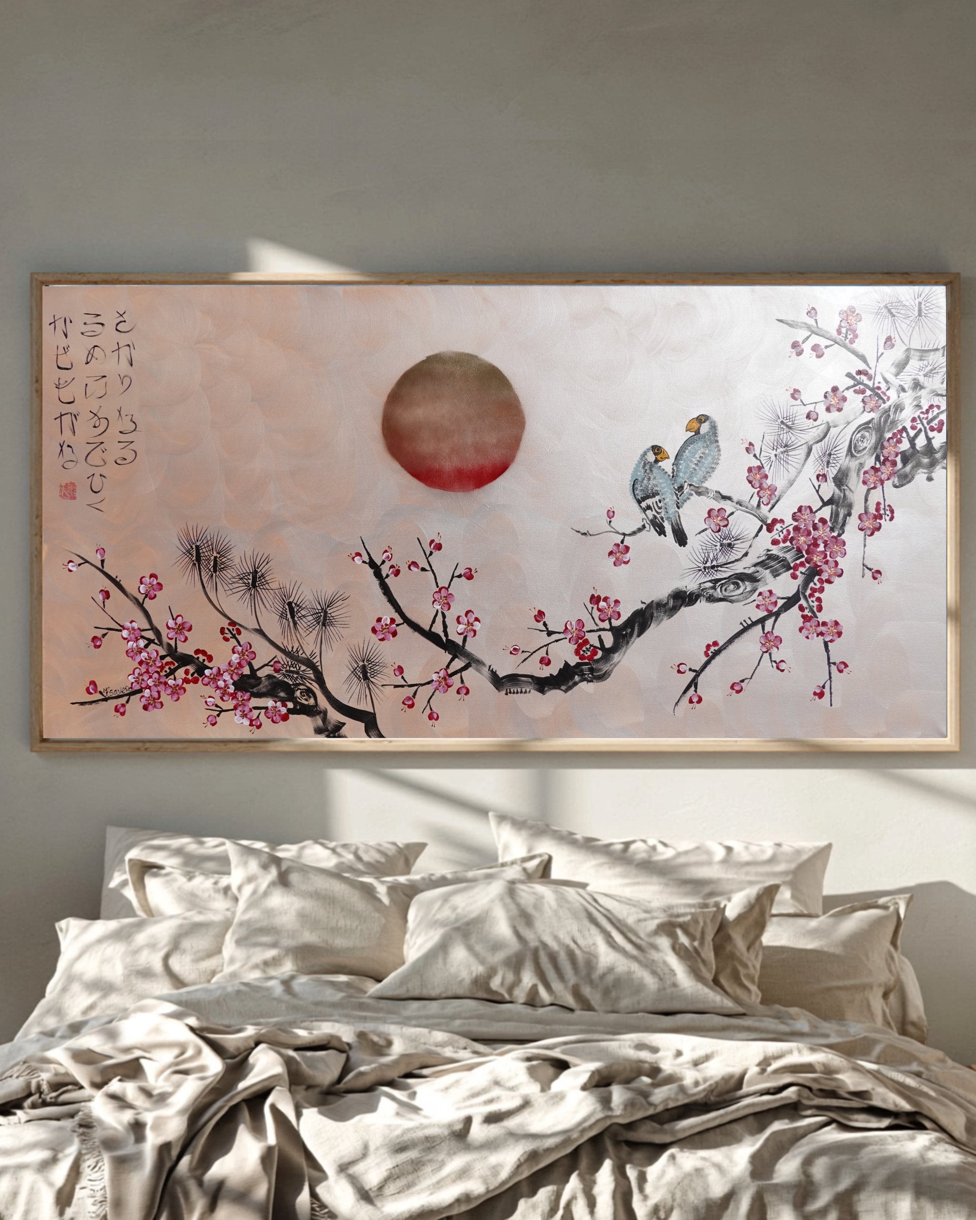 Love Birds and Sakura J506 — pearl peach Japanese Painting | Large Acrylic on Canvas | Ksavera