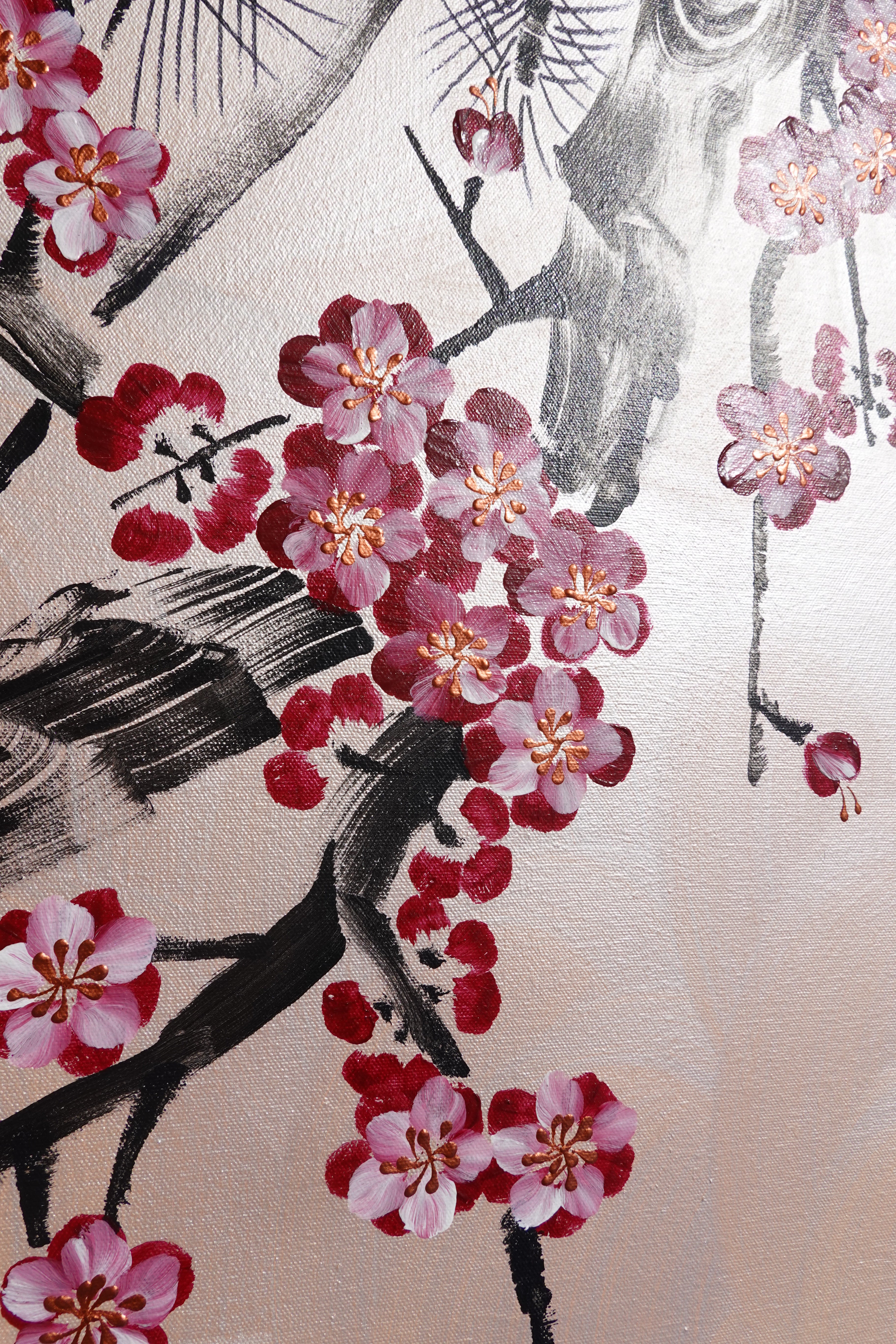 Love Birds and Sakura J506 — pearl peach Japanese Painting | Large Acrylic on Canvas | Ksavera