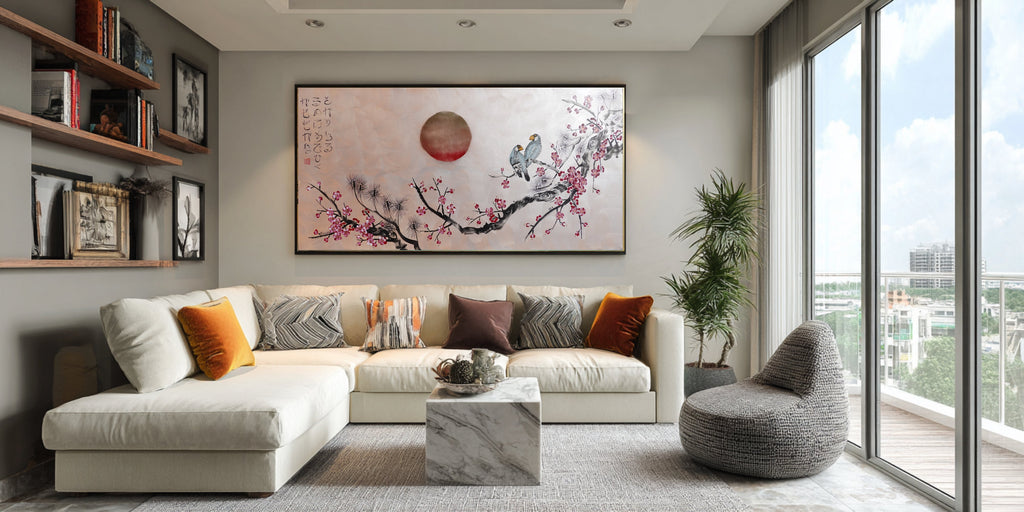 Love Birds and Sakura J506 — pearl peach Japanese Painting | Large Acrylic on Canvas | Ksavera