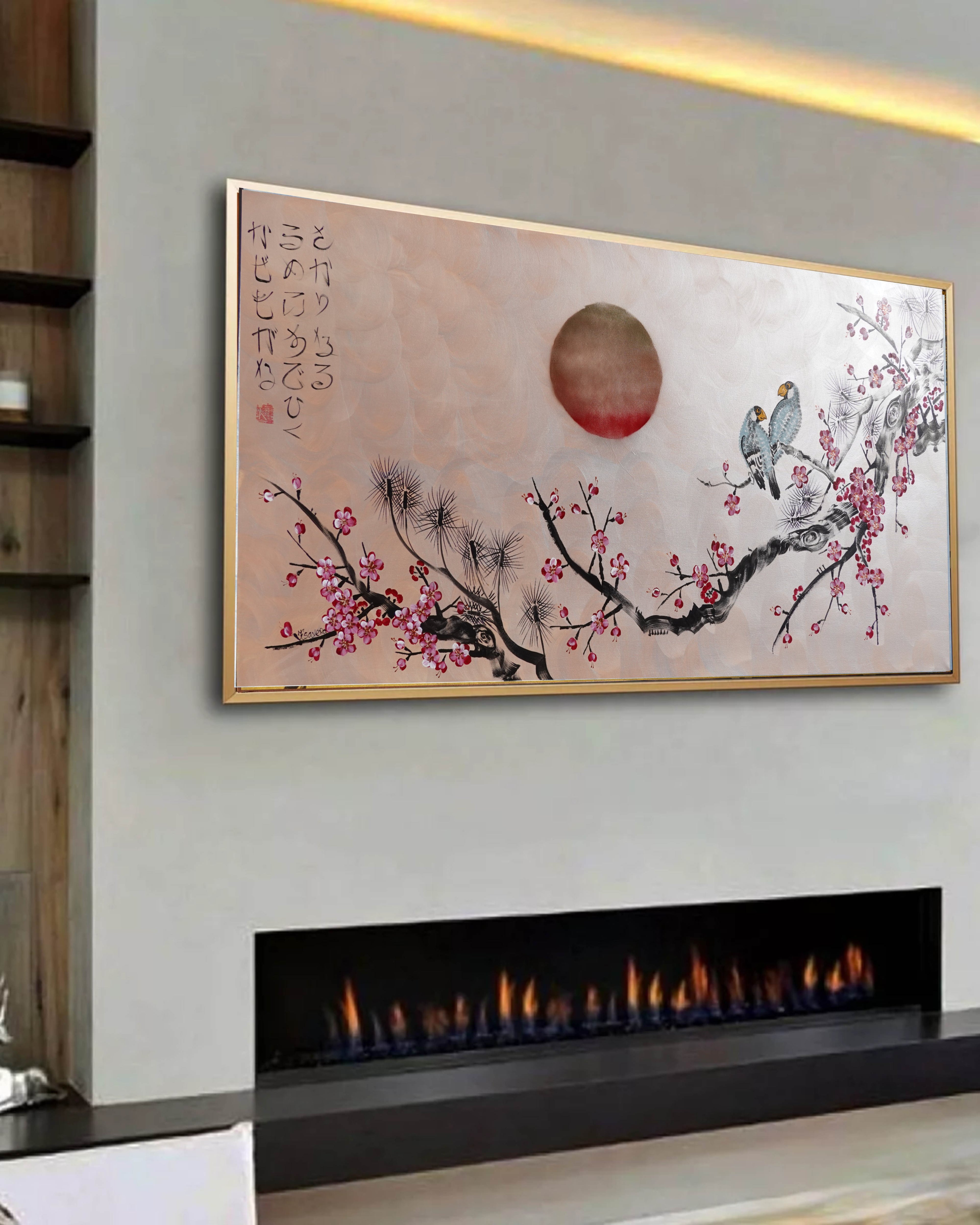 Love Birds and Sakura J506 — pearl peach Japanese Painting | Large Acrylic on Canvas | Ksavera