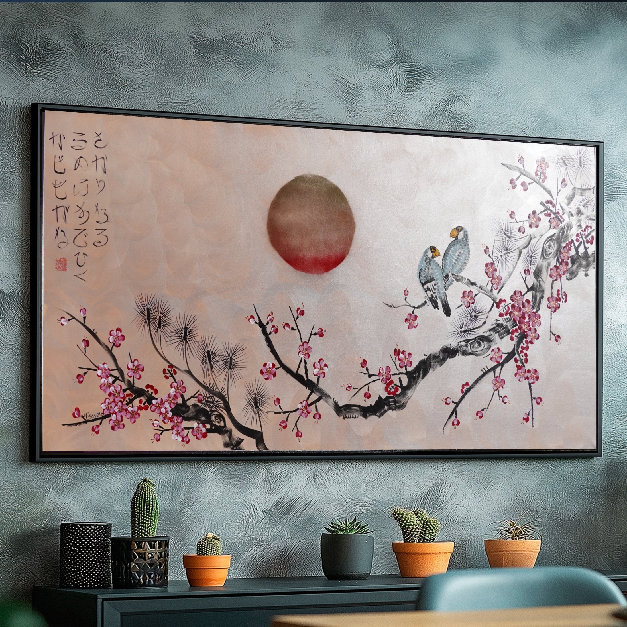 Love Birds and Sakura J506 — pearl peach Japanese Painting | Large Acrylic on Canvas | Ksavera