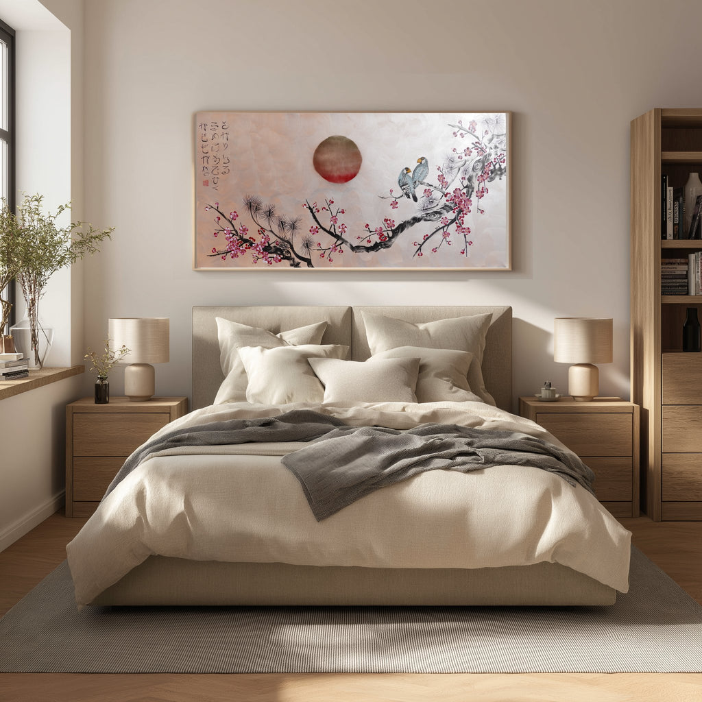 Love Birds and Sakura J506 — pearl peach Japanese Painting | Large Acrylic on Canvas | Ksavera