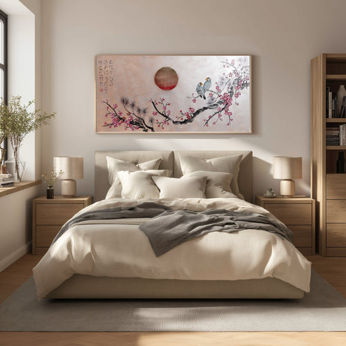 Love Birds and Sakura J506 — pearl peach Japanese Painting | Large Acrylic on Canvas | Ksavera