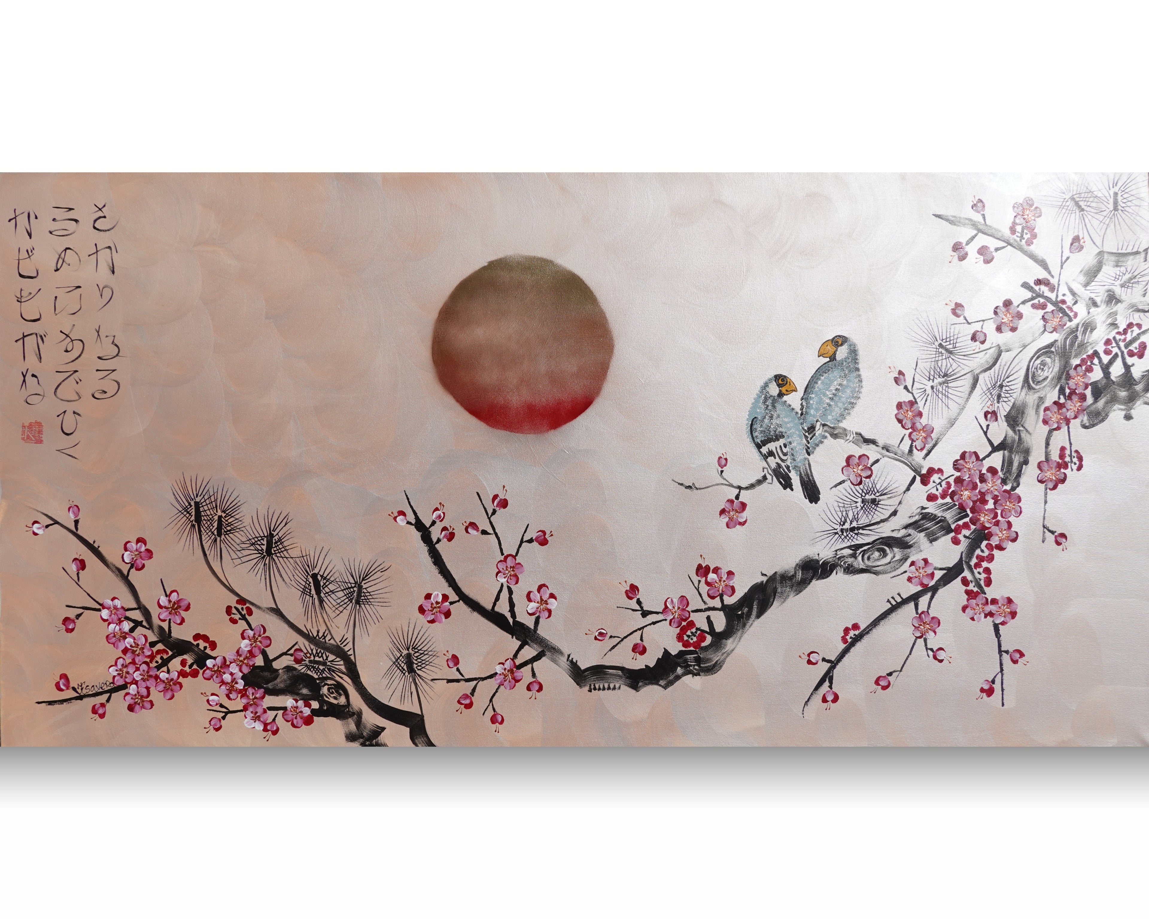 Love Birds and Sakura J506 — pearl peach Japanese Painting | Large Acrylic on Canvas | Ksavera