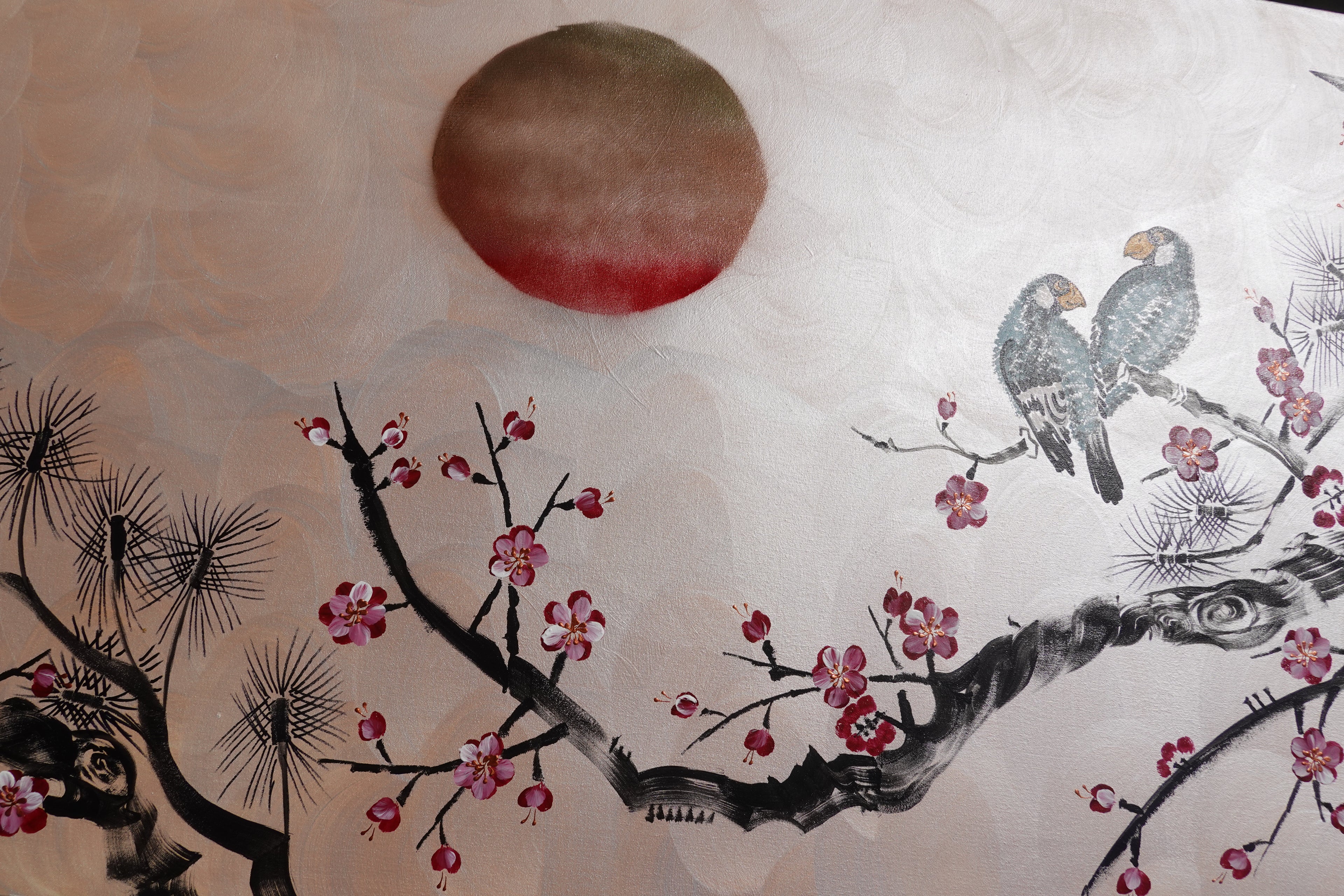 Love Birds and Sakura J506 — pearl peach Japanese Painting | Large Acrylic on Canvas | Ksavera