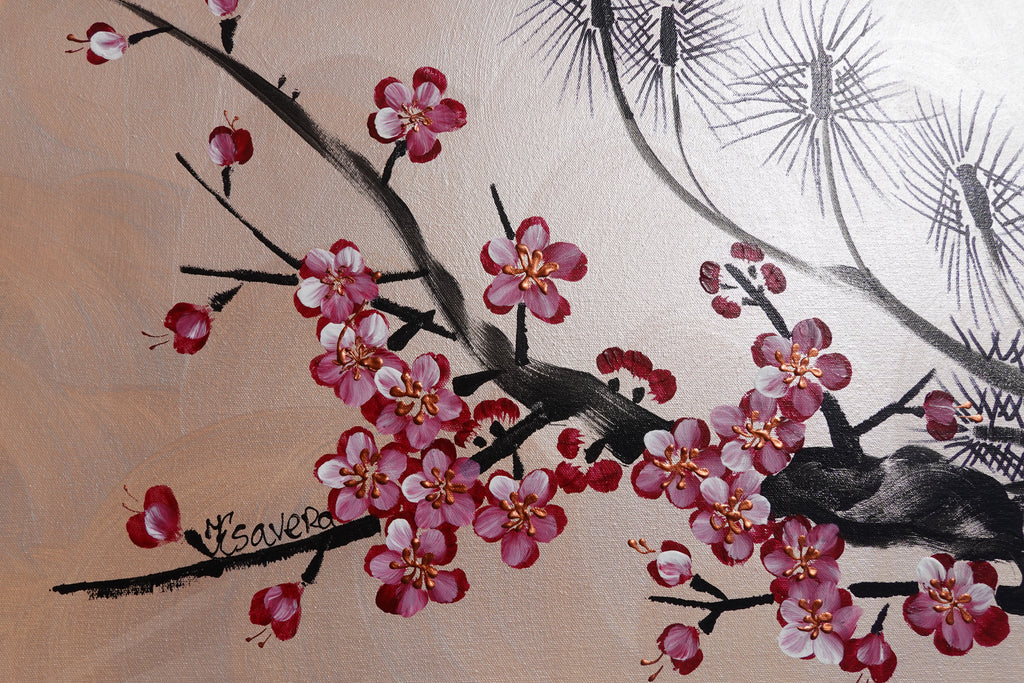 Love Birds and Sakura J506 — pearl peach Japanese Painting | Large Acrylic on Canvas | Ksavera
