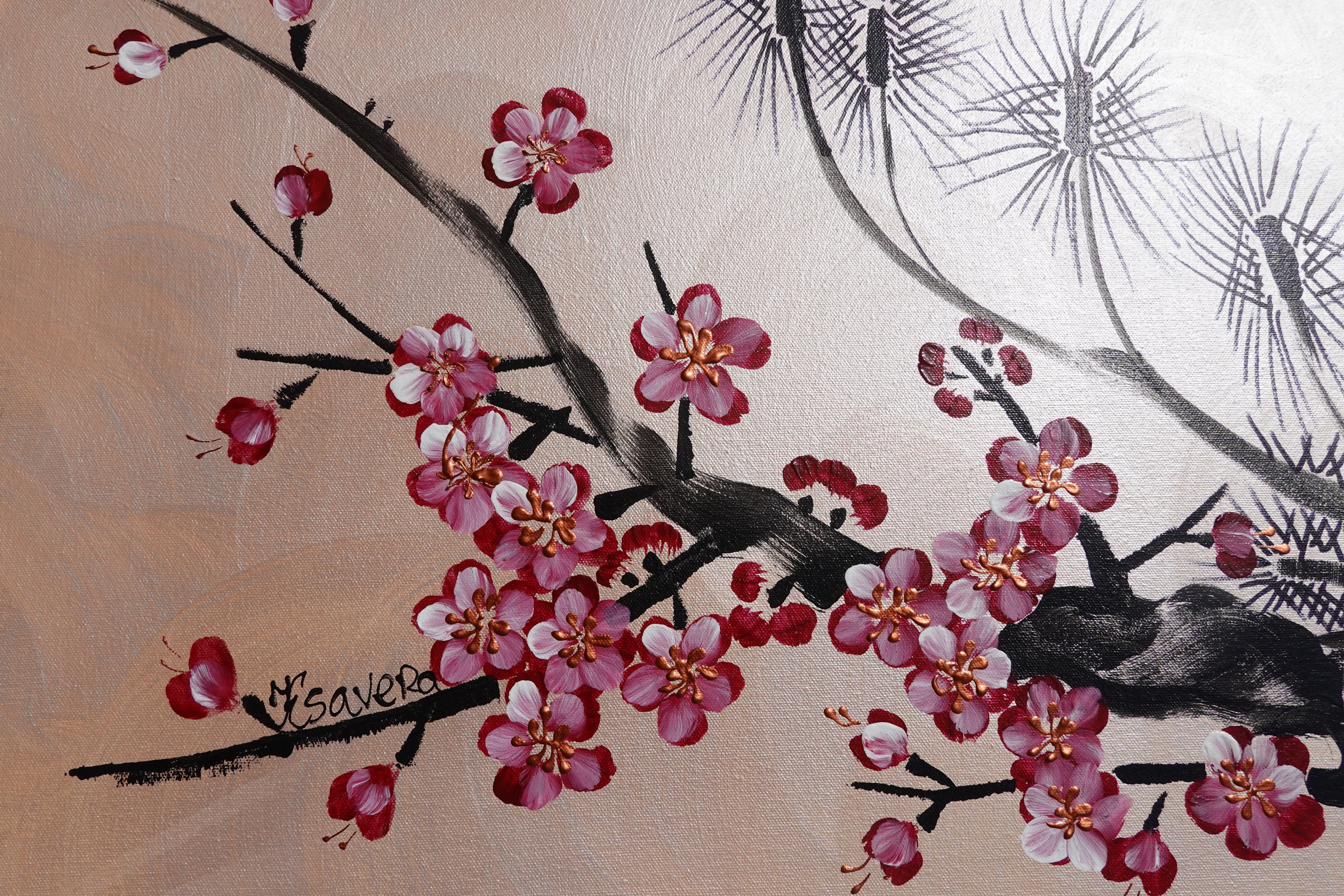 Love Birds and Sakura J506 — pearl peach Japanese Painting | Large Acrylic on Canvas | Ksavera