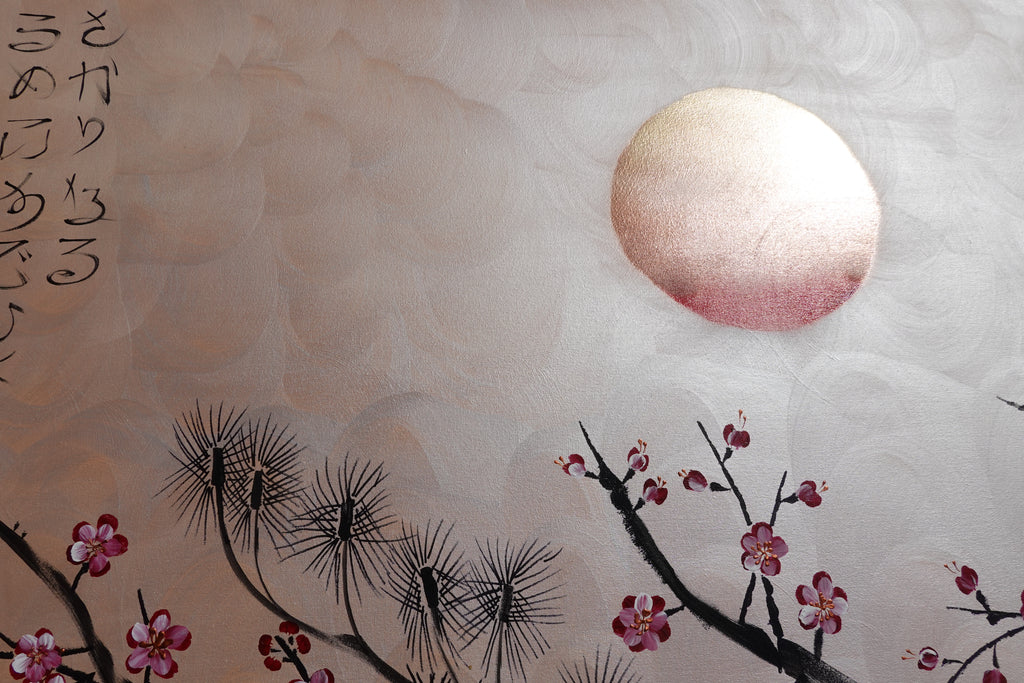 Love Birds and Sakura J506 — pearl peach Japanese Painting | Large Acrylic on Canvas | Ksavera
