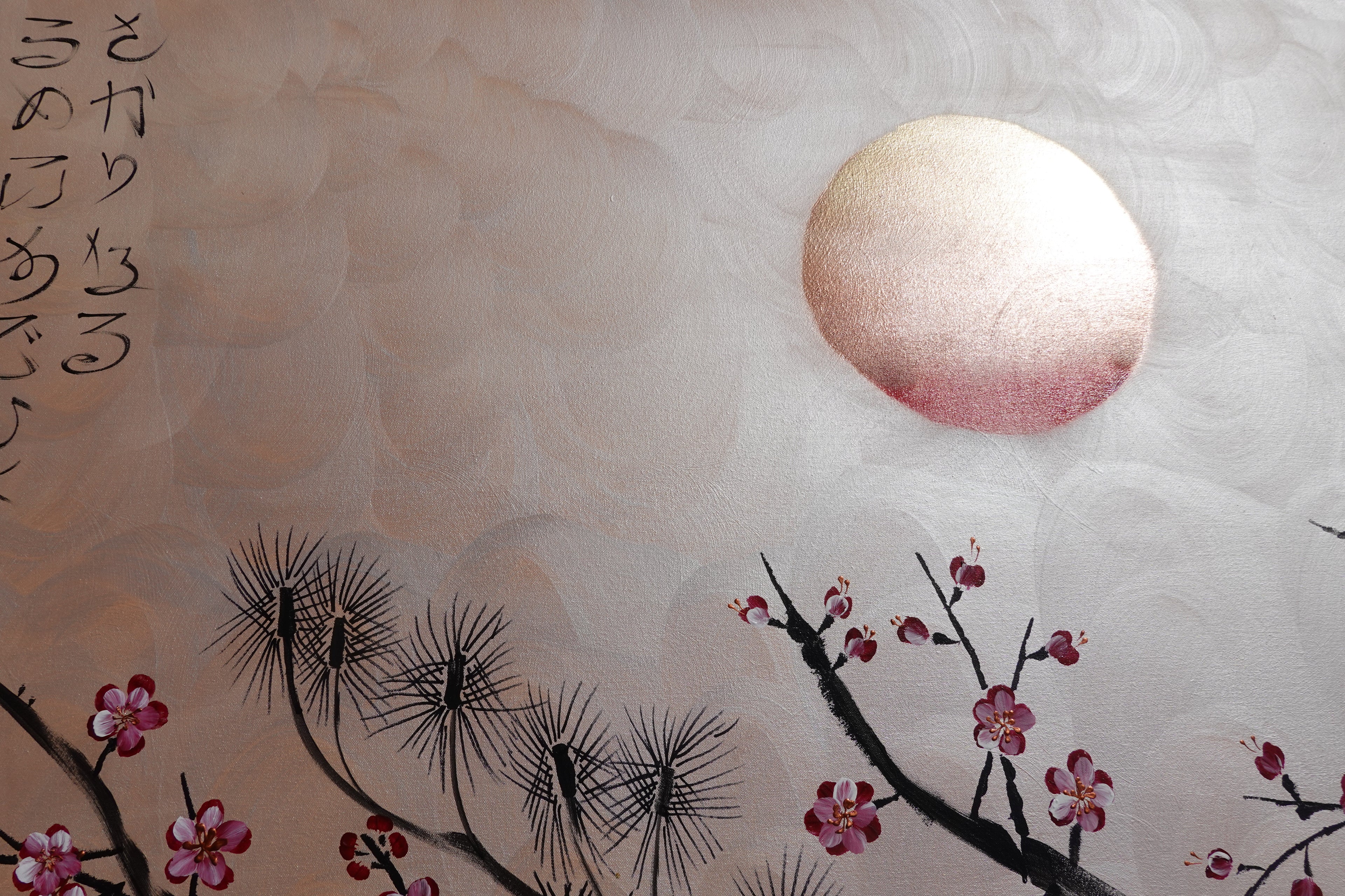 Love Birds and Sakura J506 — pearl peach Japanese Painting | Large Acrylic on Canvas | Ksavera