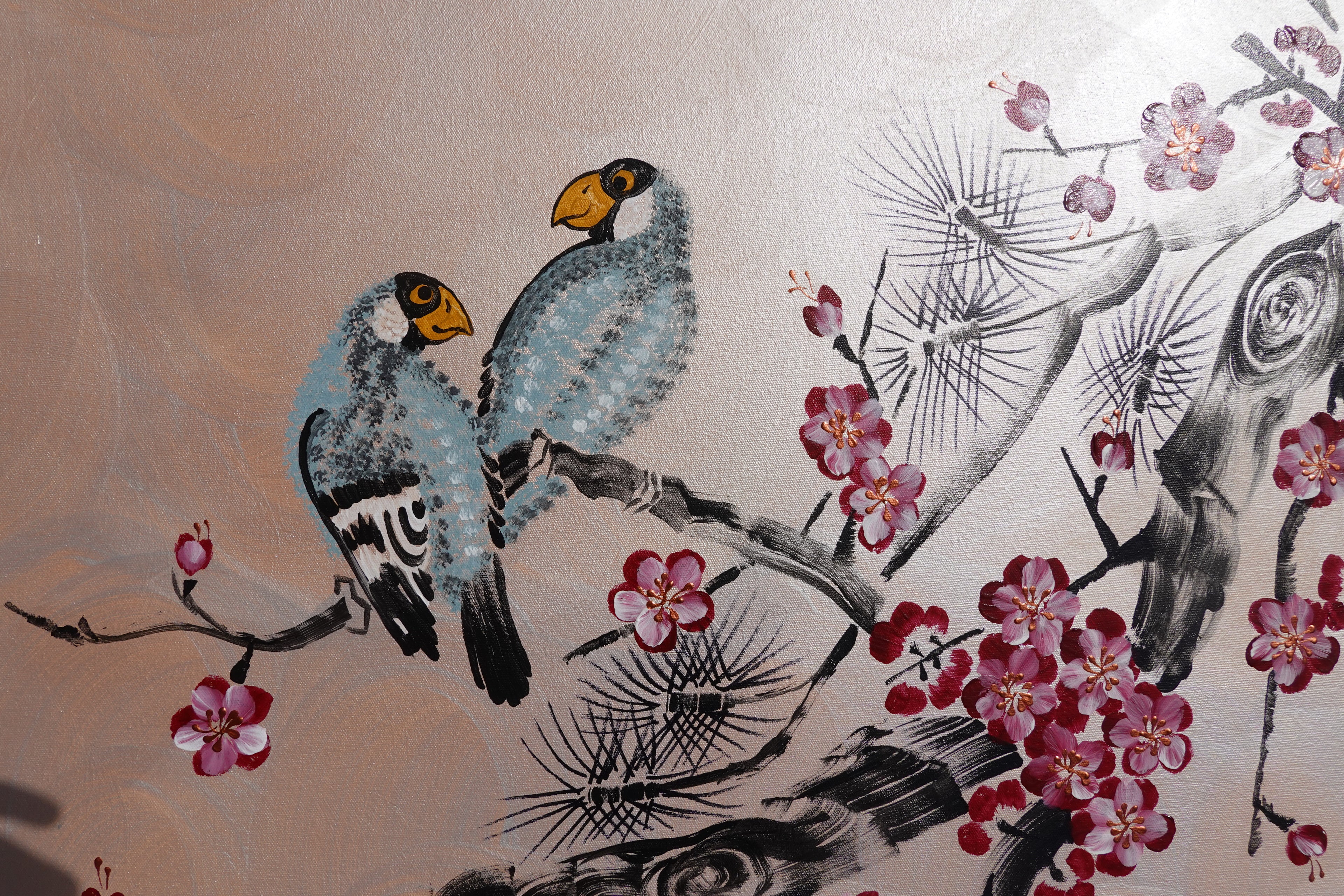 Love Birds and Sakura J506 — pearl peach Japanese Painting | Large Acrylic on Canvas | Ksavera