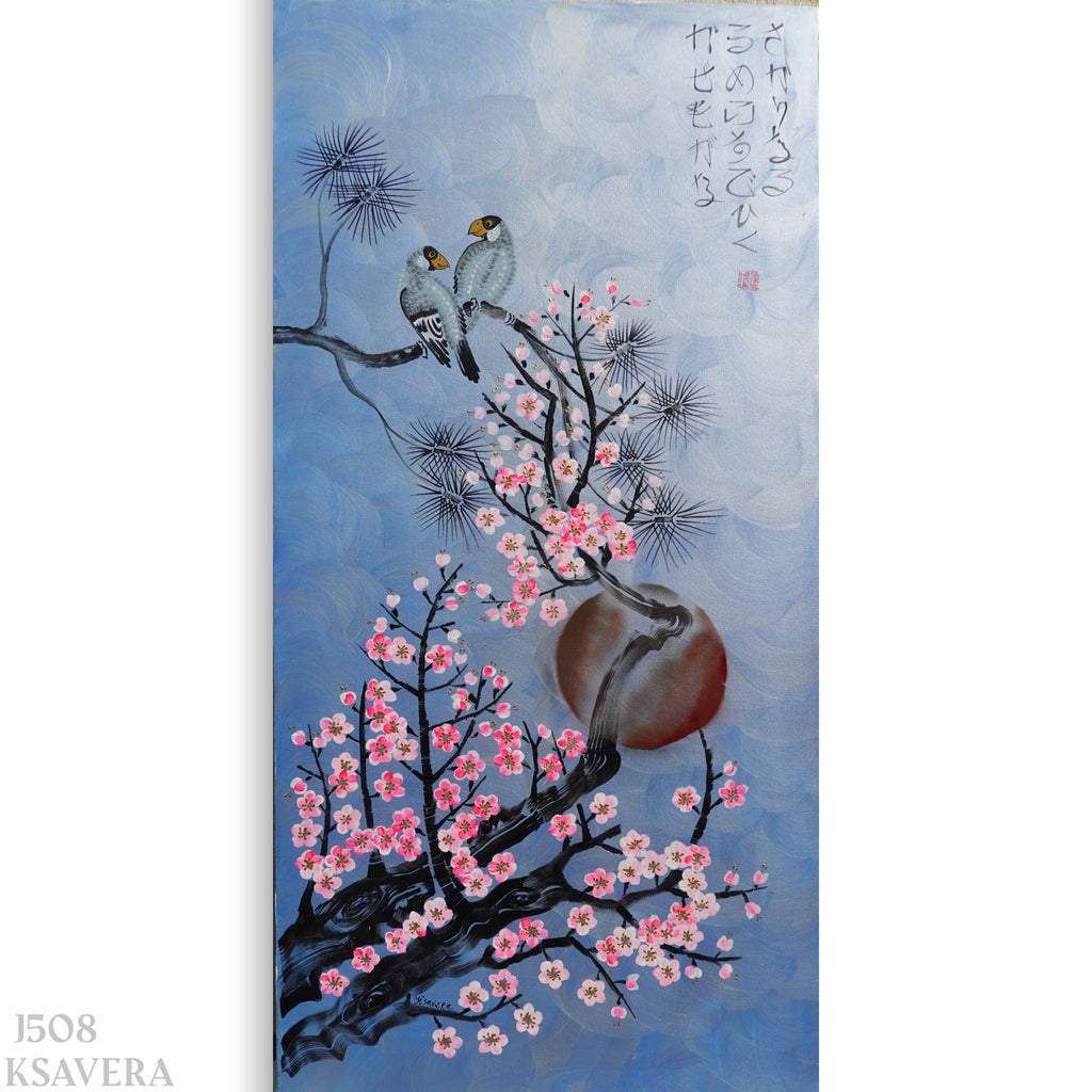 The image is a painting depicting two birds perched on a branch with pink flowers, against a blue background.