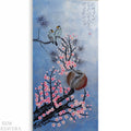 The image is a painting depicting two birds perched on a branch with pink flowers, against a blue background.
