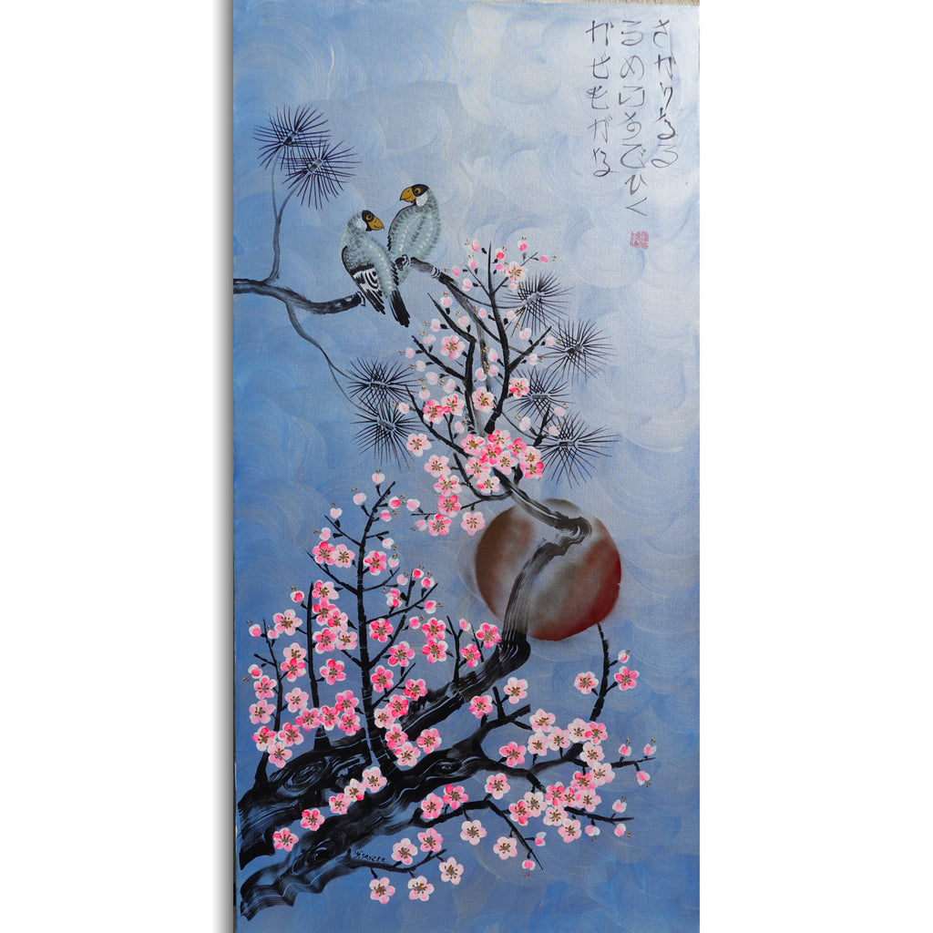 The image is a painting depicting two birds perched on a branch with pink flowers, against a blue background.