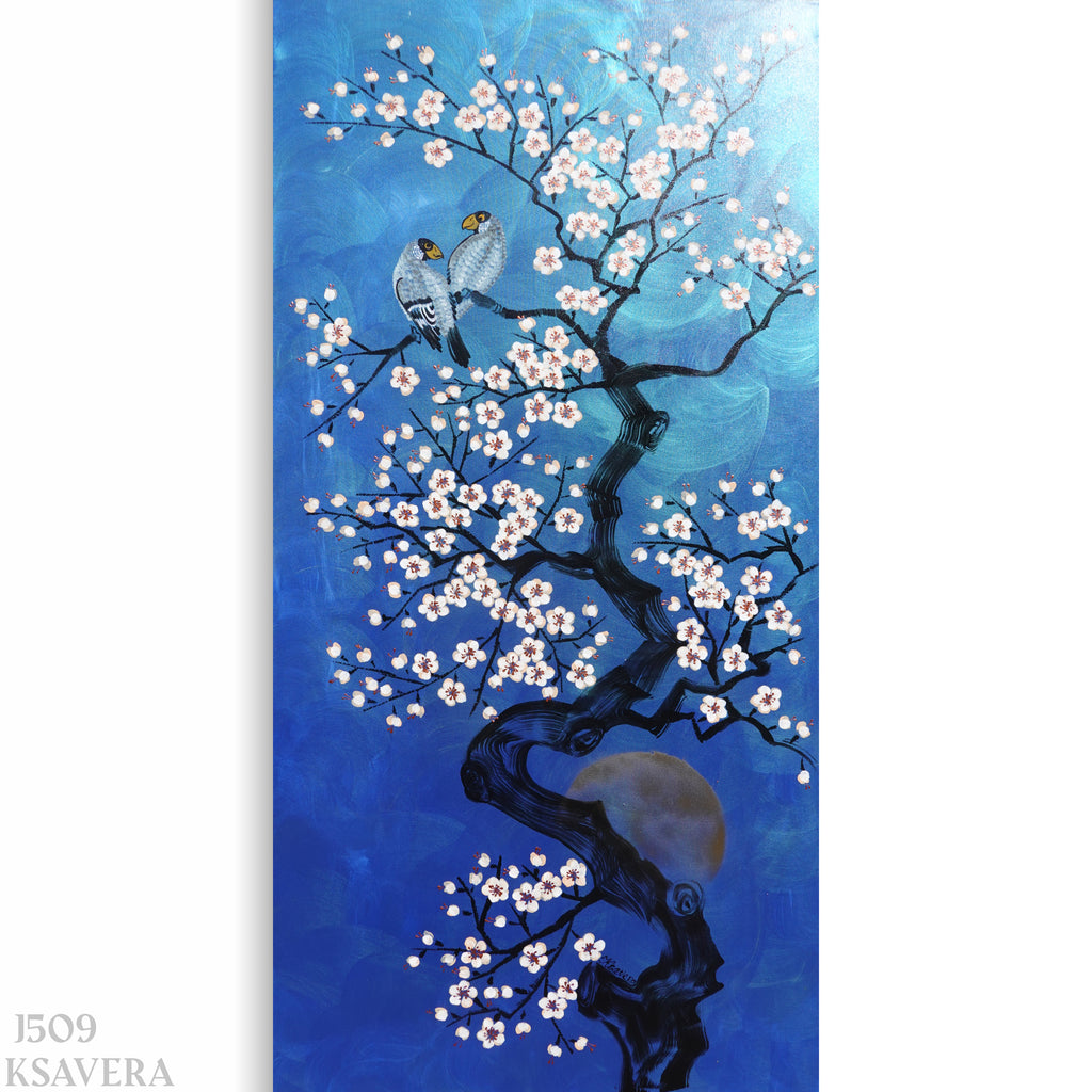 A painting depicting a tree with white flowers and two birds perched on its branches, set against a blue background with a large moon visible in the right corner.