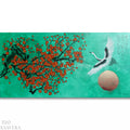 The image is a painting depicting a tree with red flowers and a crane in flight against a green background.