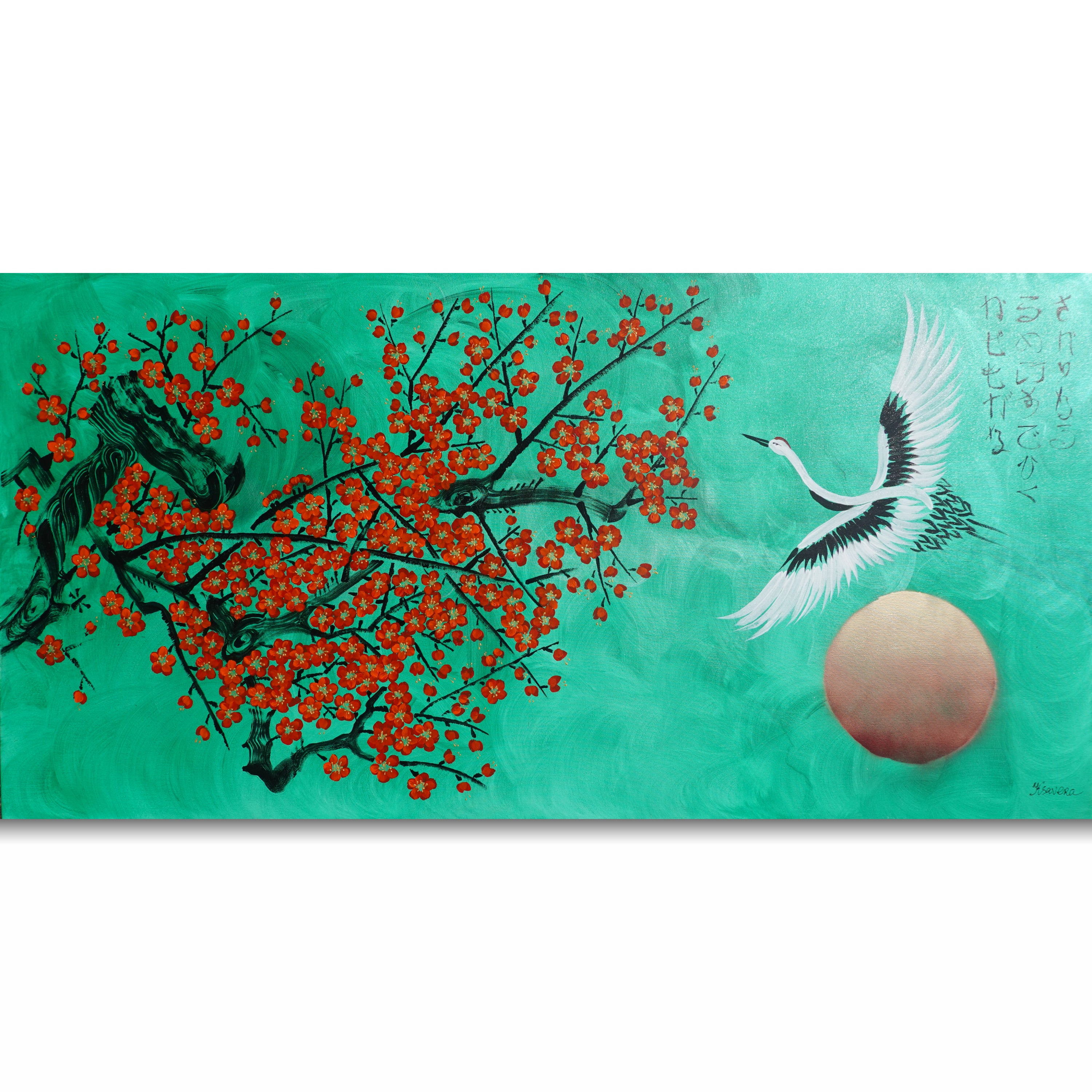 The image is a painting depicting a tree with red flowers and a crane in flight against a green background.