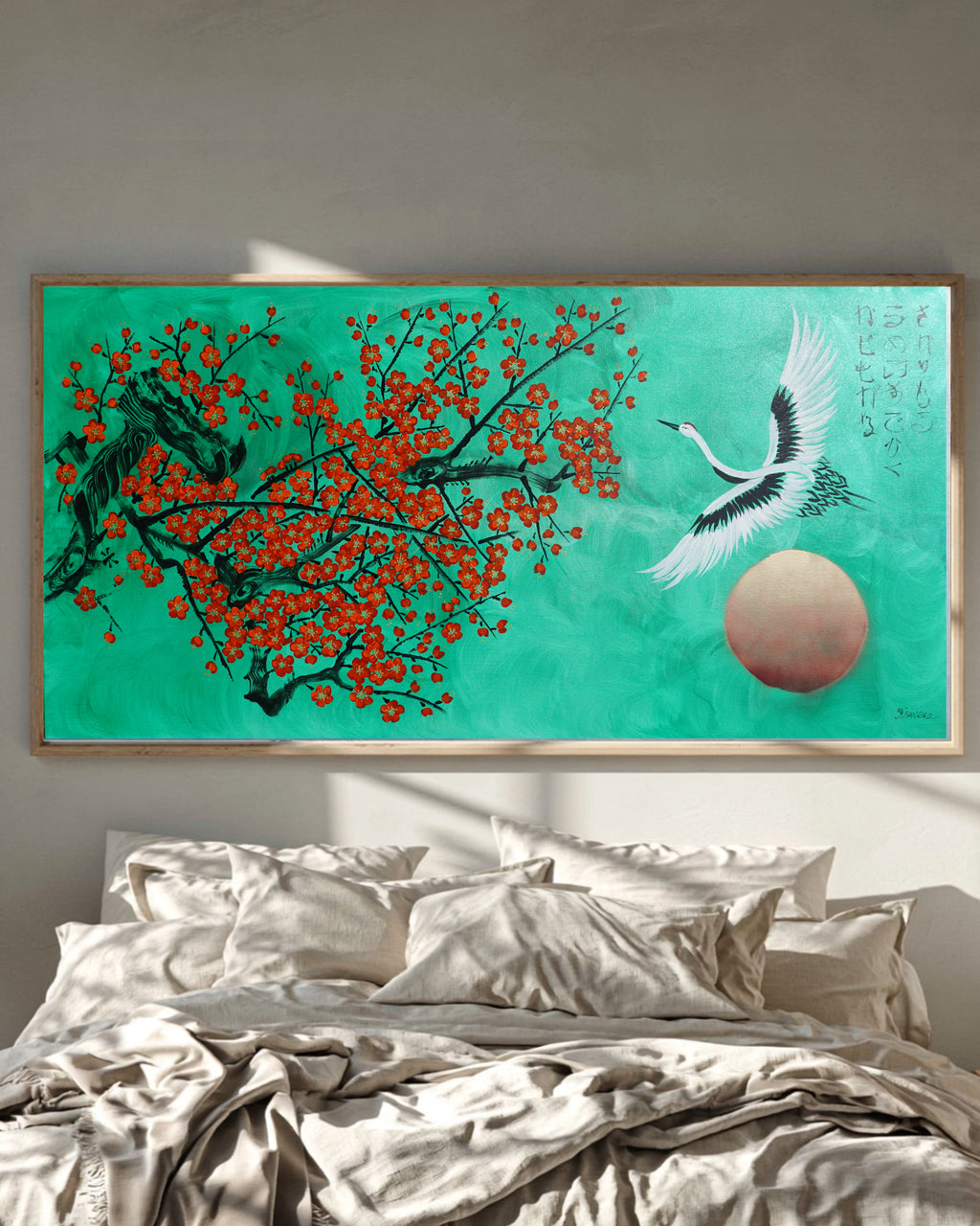 Crane and Sakura J510 — emerald Japanese Painting | Large Acrylic on Canvas | Ksavera