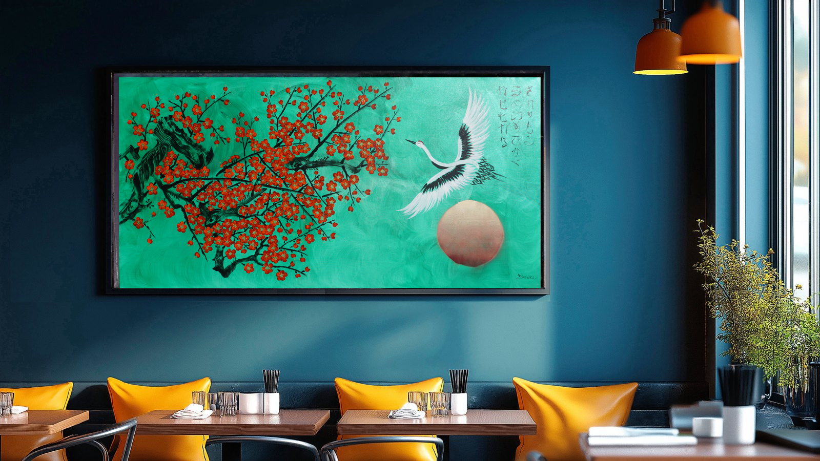 Crane and Sakura J510 — emerald Japanese Painting | Large Acrylic on Canvas | Ksavera