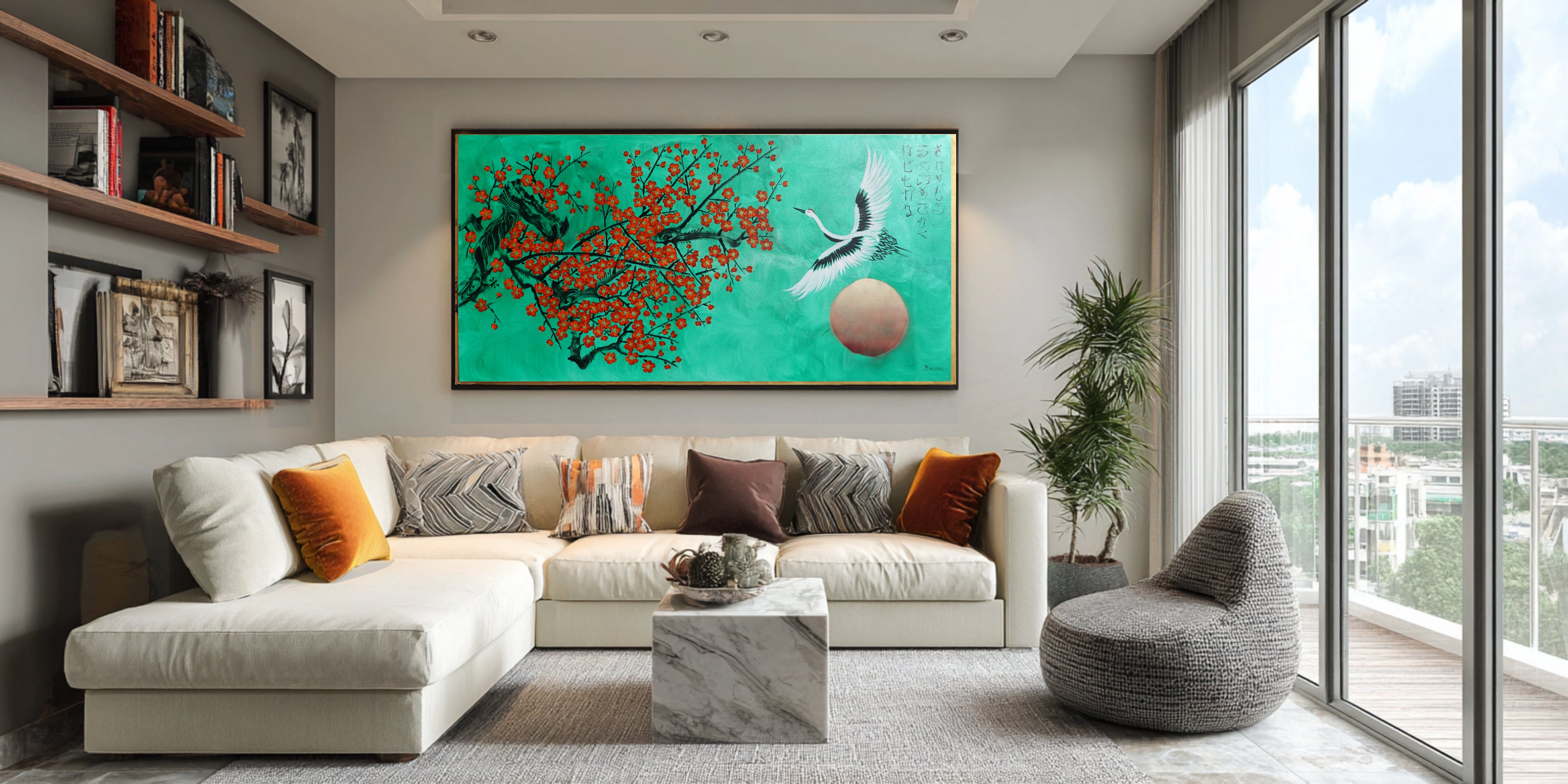 Crane and Sakura J510 — emerald Japanese Painting | Large Acrylic on Canvas | Ksavera