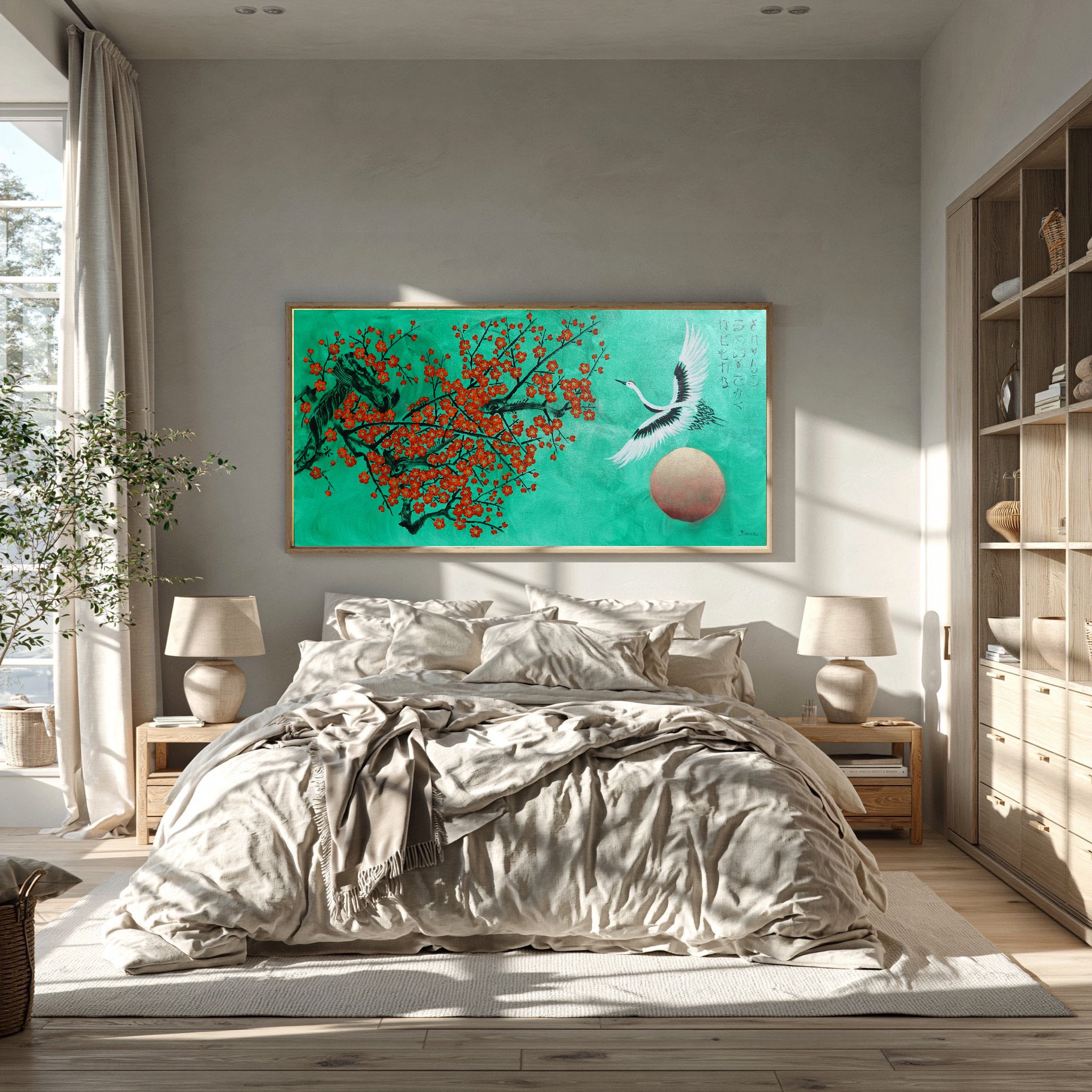 Crane and Sakura J510 — emerald Japanese Painting | Large Acrylic on Canvas | Ksavera